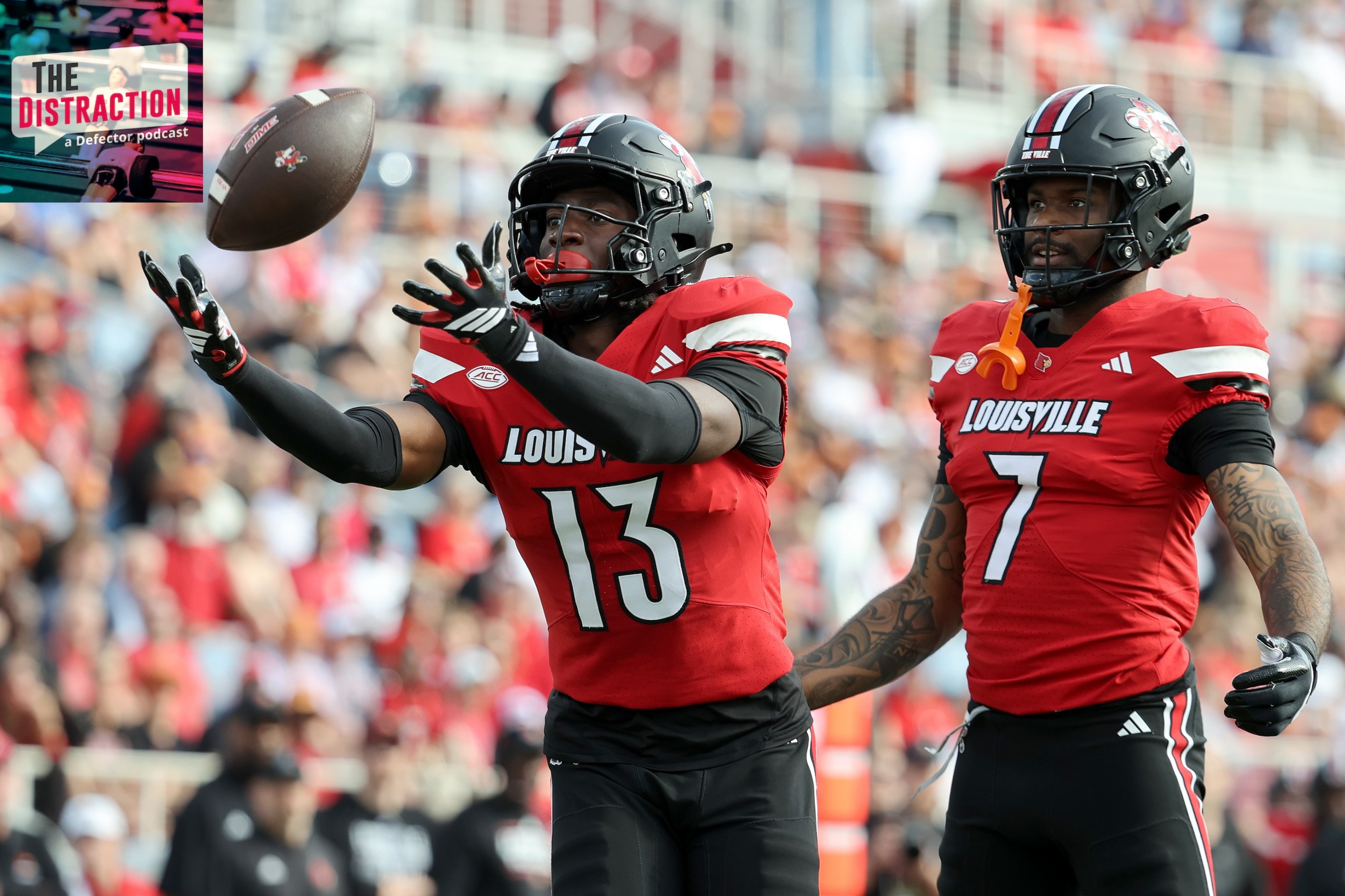 Justin Agu #13 of the Louisville Cardinals catches the ball against the Toledo Rockets during the first half of the 2025 Bush's Boca Raton Bowl of Beans at Flagler Credit Union Stadium on December 23, 2025.