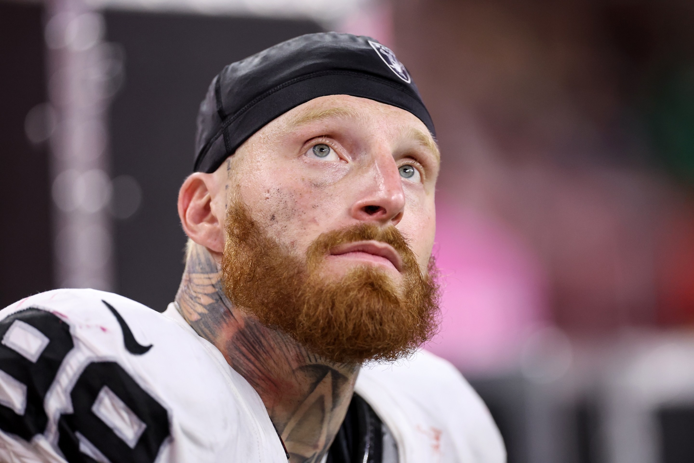 Maxx Crosby of the Las Vegas Raiders reacts on the sideline in the second half against the Houston Texans at NRG Stadium on December 21, 2025.