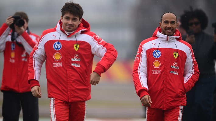 Charles Leclerc and Lewis Hamilton of Scuderia Ferrari run with the new Ferrari SF-26 at Circuito di Fiorano in Fiorano, Italy, on January 23, 2026.