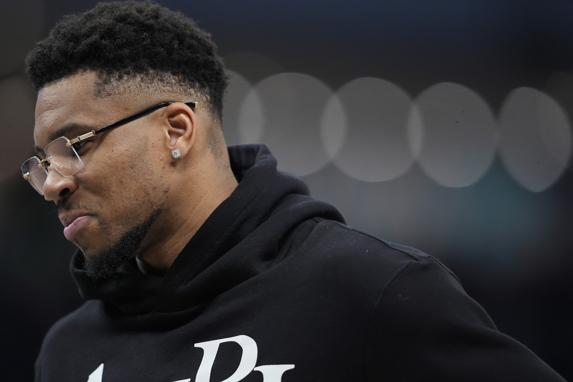 Giannis Antetokounmpo #34 of the Milwaukee Bucks looks on during the first quarter against the Indiana Pacers at Fiserv Forum on February 06, 2026 in Milwaukee, Wisconsin. NOTE TO USER: User expressly acknowledges and agrees that, by downloading and or using this photograph, User is consenting to the terms and conditions of the Getty Images License Agreement. (Photo by Patrick McDermott/Getty Images)