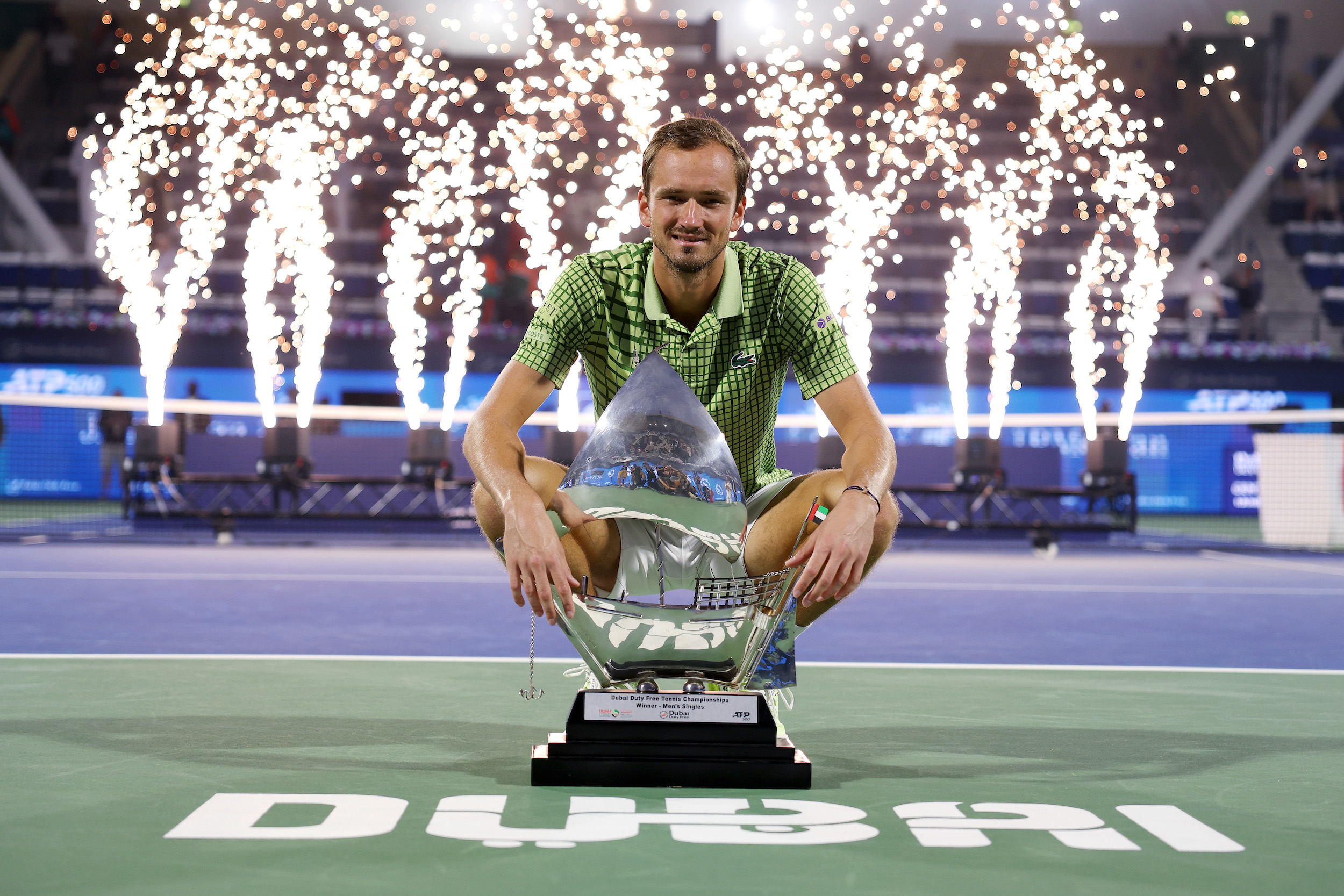 Daniil Medvedev poses with the trophy after his victory in the Men's Singles Final against Tallon Griekspoor of the Netherlands on day fourteen of the Dubai Duty Free Tennis Championships at Dubai Duty Free Tennis Stadium on February 28, 2026 in Dubai, United Arab Emirates. (Photo by Christopher Pike/Getty Images)