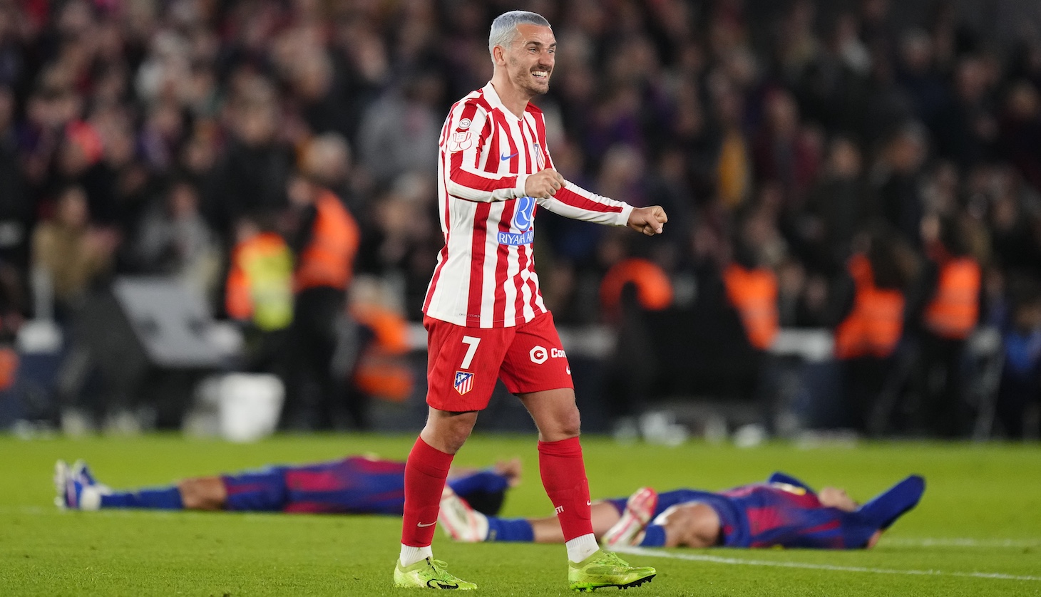 Antoine Griezmann second striker of Atletico de Madrid and France celebrates the victory after winning the second leg of the Copa del Rey semi-final between FC Barcelona and Atletico de Madrid at Spotify Camp Nou on March 3, 2026 in Barcelona, Spain.