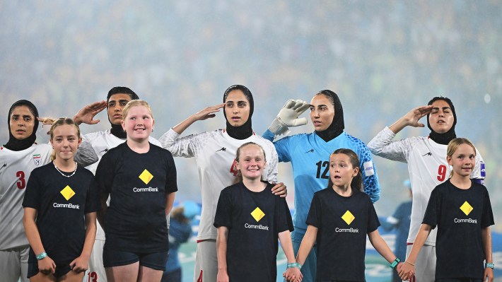 Islamic Republic of Iran players line up for national anthems prior to the AFC Women's Asian Cup Australia 2026 match between Islamic Republic of Iran and Australia Matildas at Gold Coast Stadium on March 05, 2026 in Gold Coast, Australia.
