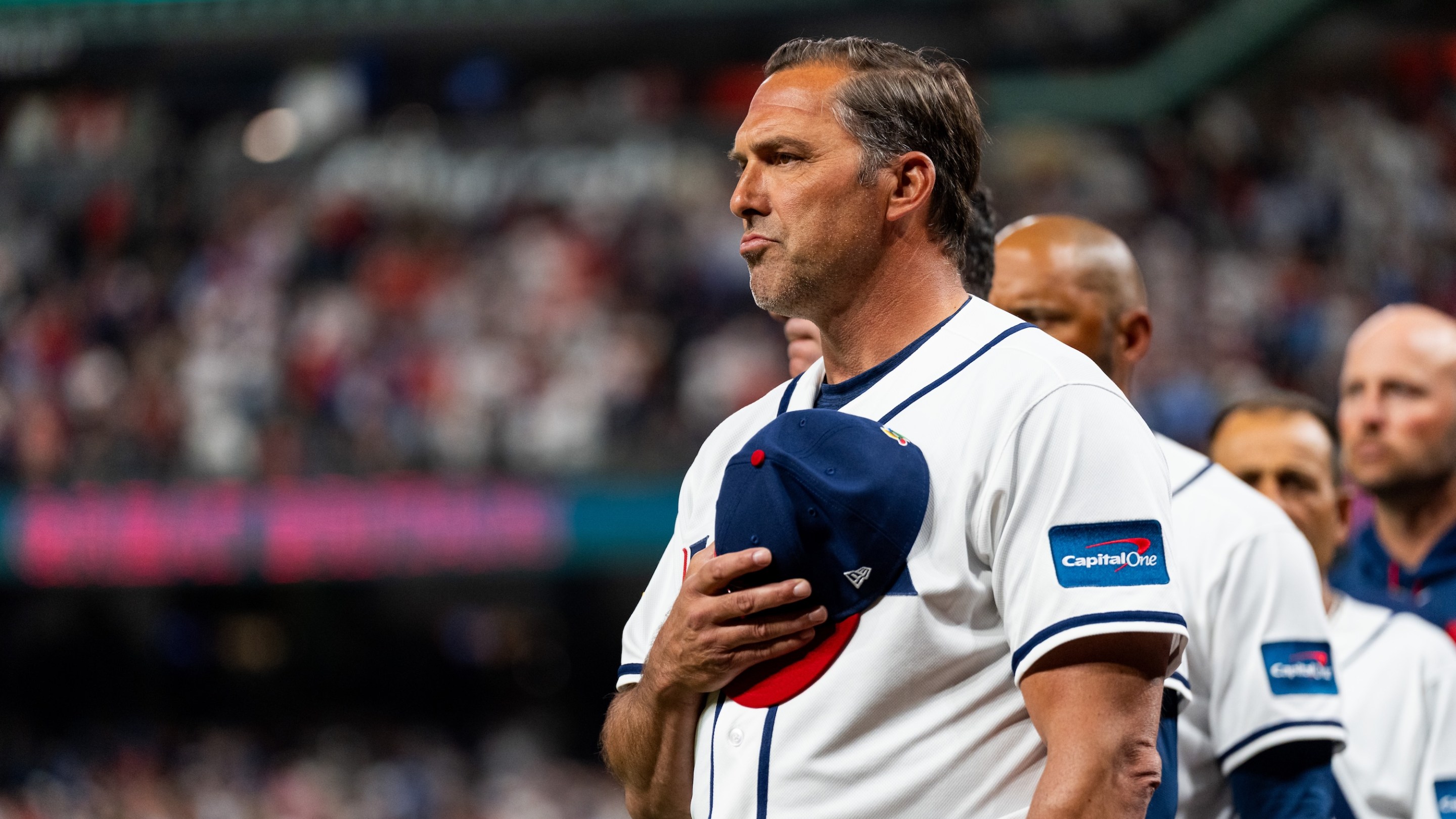 HOUSTON, TEXAS - MARCH 7: Manager Mark Deosa of the United States stands for the national anthem before a World Baseball Classic Pool B game between Great Britain and the United States at Daikin Park on March 7, 2026 in Houston, Texas. (Photo by Houston Astros/Getty Images)
