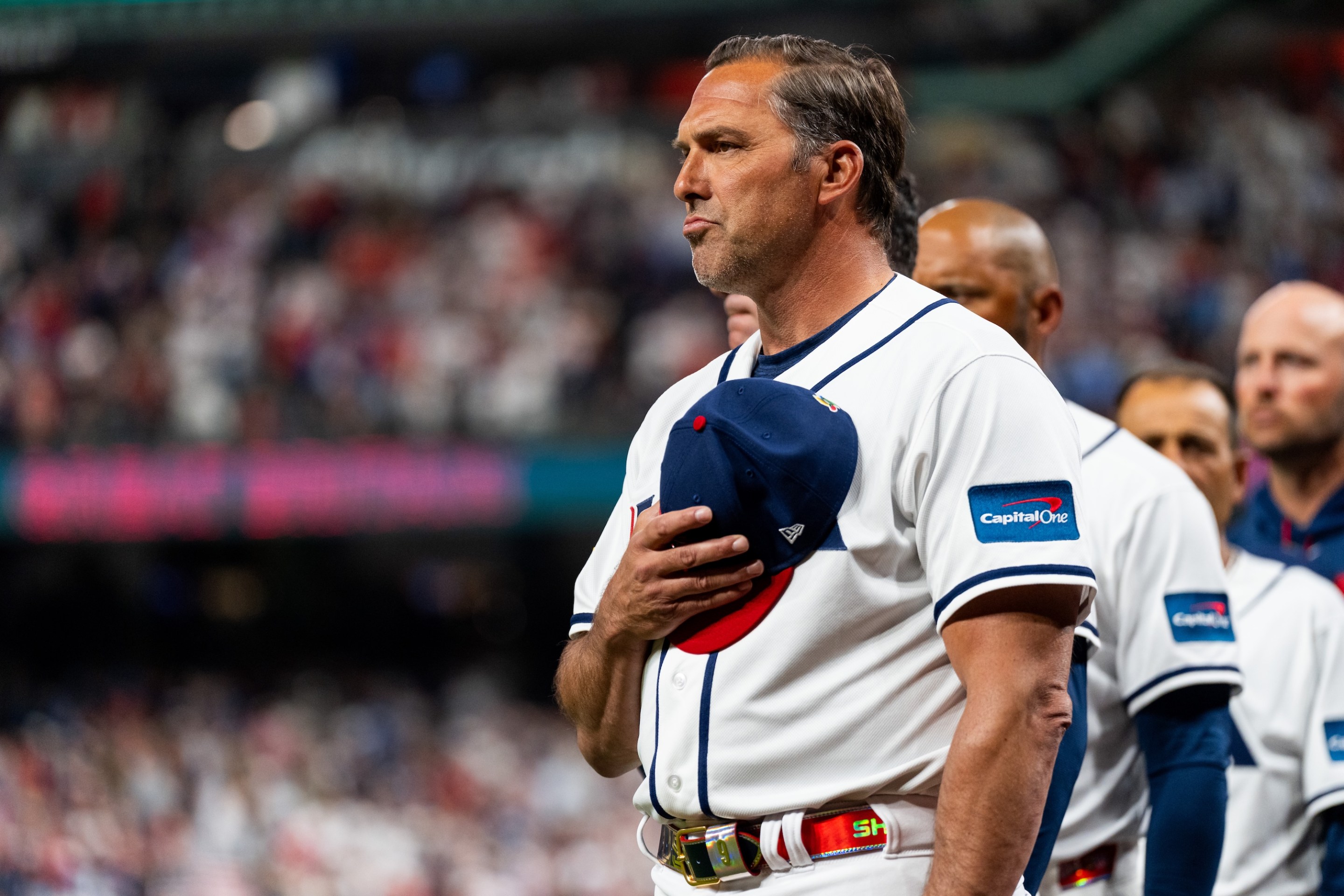 HOUSTON, TEXAS - MARCH 7: Manager Mark Deosa of the United States stands for the national anthem before a World Baseball Classic Pool B game between Great Britain and the United States at Daikin Park on March 7, 2026 in Houston, Texas. (Photo by Houston Astros/Getty Images)