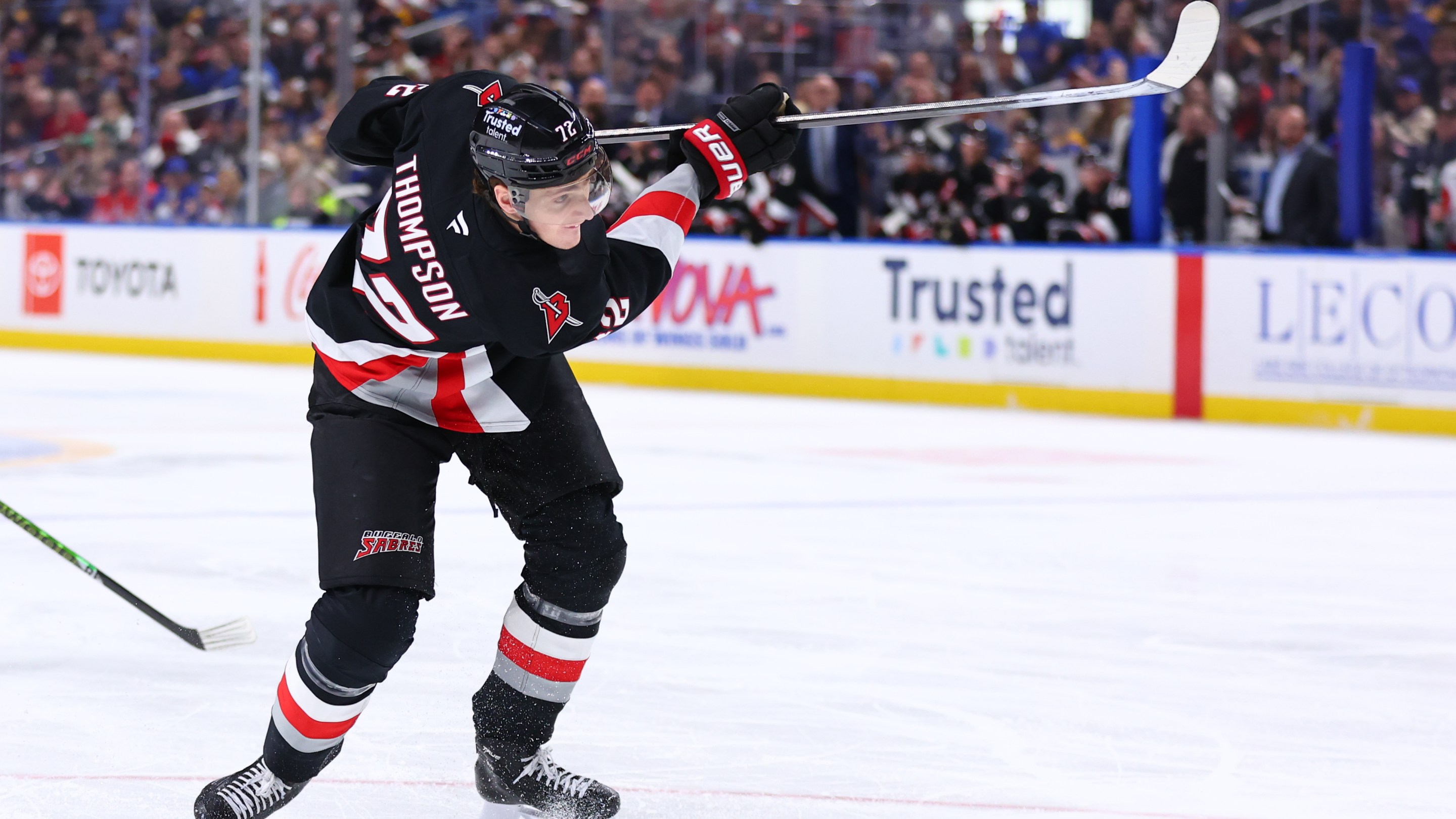 BUFFALO, NEW YORK - MARCH 12: Tage Thompson #72 of the Buffalo Sabres follows through on his shot during an NHL game against the Washington Capitals on March 12, 2026 at KeyBank Center in Buffalo, New York. (Photo by Bill Wippert/NHLI via Getty Images)