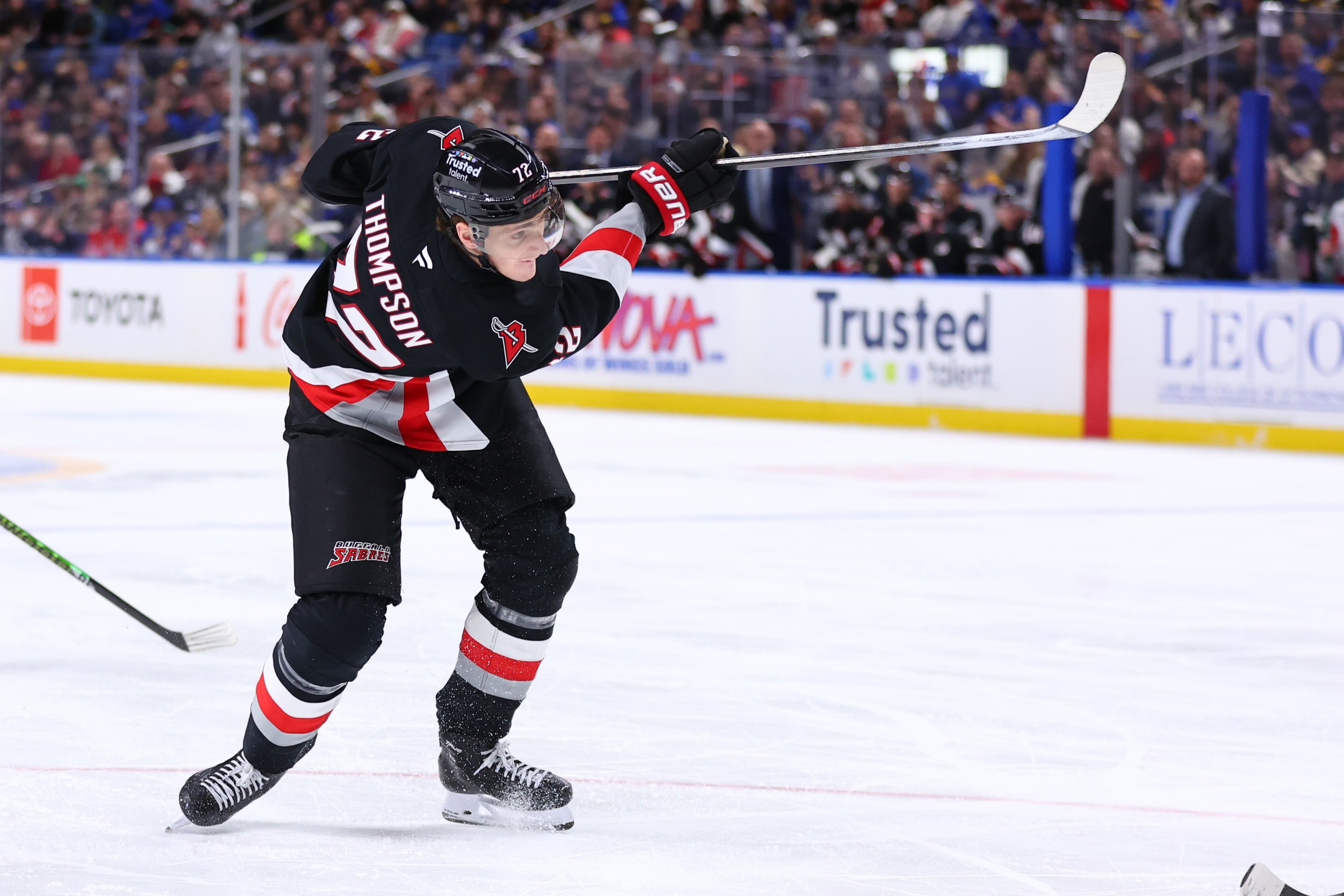 BUFFALO, NEW YORK - MARCH 12: Tage Thompson #72 of the Buffalo Sabres follows through on his shot during an NHL game against the Washington Capitals on March 12, 2026 at KeyBank Center in Buffalo, New York. (Photo by Bill Wippert/NHLI via Getty Images)