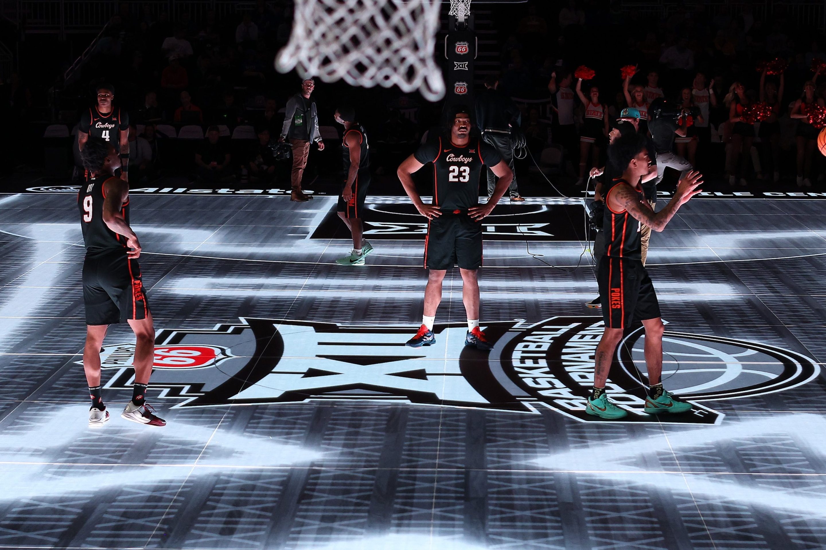 KANSAS CITY, MISSOURI - MARCH 11: A general view of a glass LED floor during the second round game of the Men's 2026 Big 12 Tournament at T-Mobile Center on March 11, 2026 in Kansas City, Missouri. (Photo by Jamie Squire/Getty Images)
