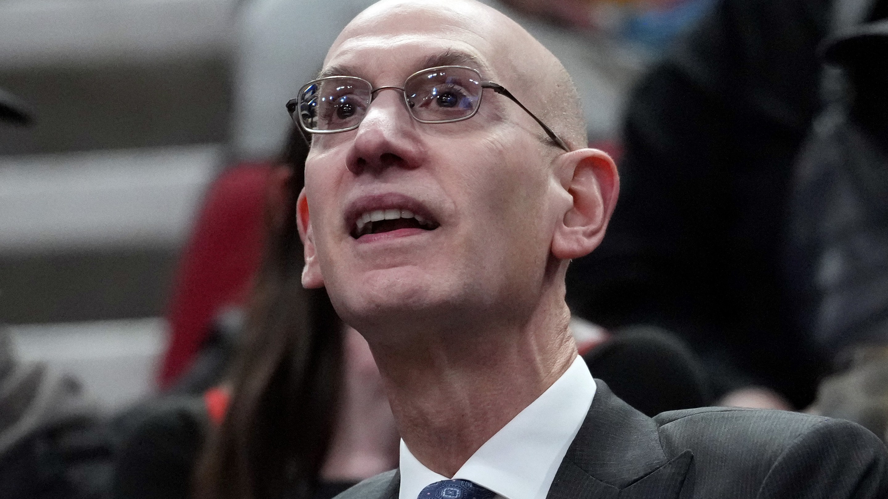 Adam Silver, commissioner of the National Basketball Association, watches the game during the second half between the Portland Trail Blazers and the Utah Jazz at Moda Center on March 13, 2026. He is looking extra turtle-ish.