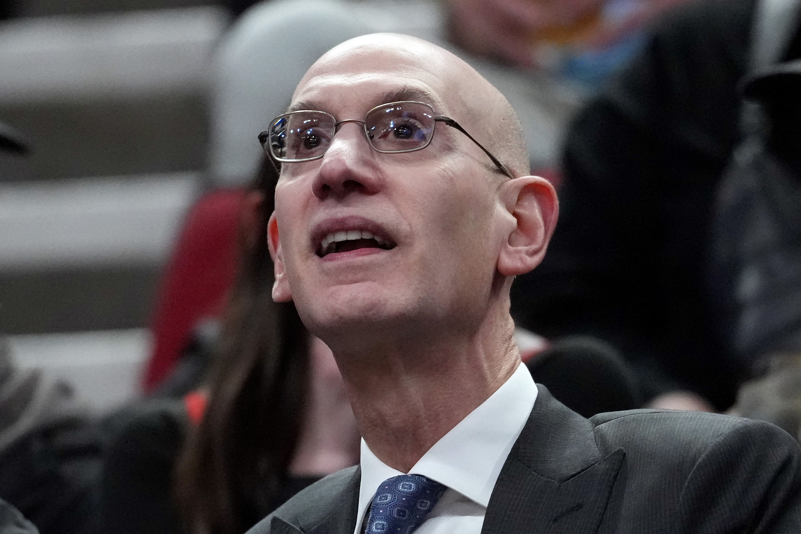 Adam Silver, commissioner of the National Basketball Association, watches the game during the second half between the Portland Trail Blazers and the Utah Jazz at Moda Center on March 13, 2026. He is looking extra turtle-ish.