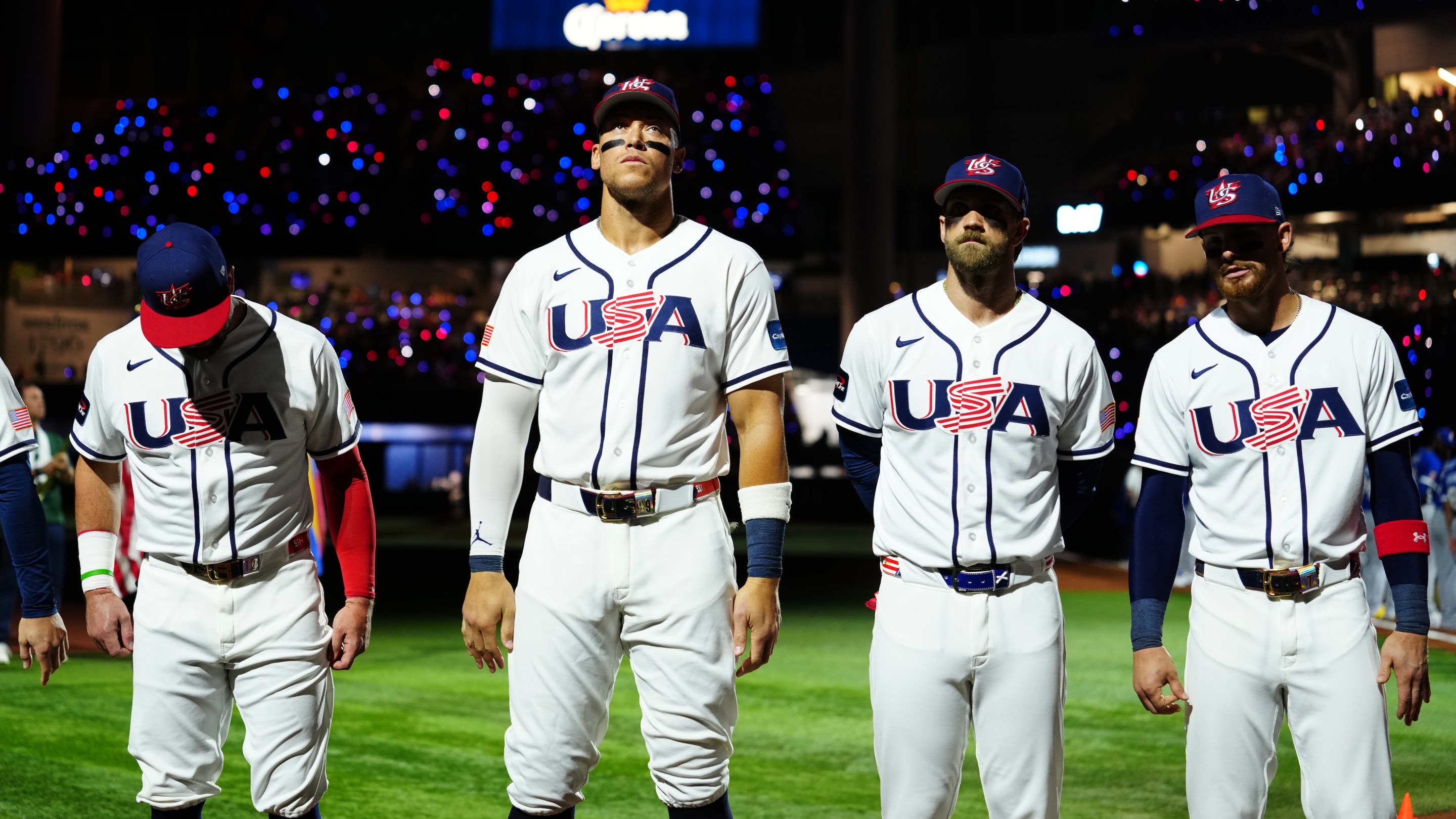MIAMI, FL - MARCH 17: Aaron Judge #99 of Team USA looks on during the pre-game ceremony prior to the 2026 World Baseball Classic Championship game presented by Capital One between Team Venezuela and Team USA at loanDepot Park on Tuesday, March 17, 2026 in Miami, Florida. (Photo by Daniel Shirey/WBCI/MLB Photos via Getty Images)