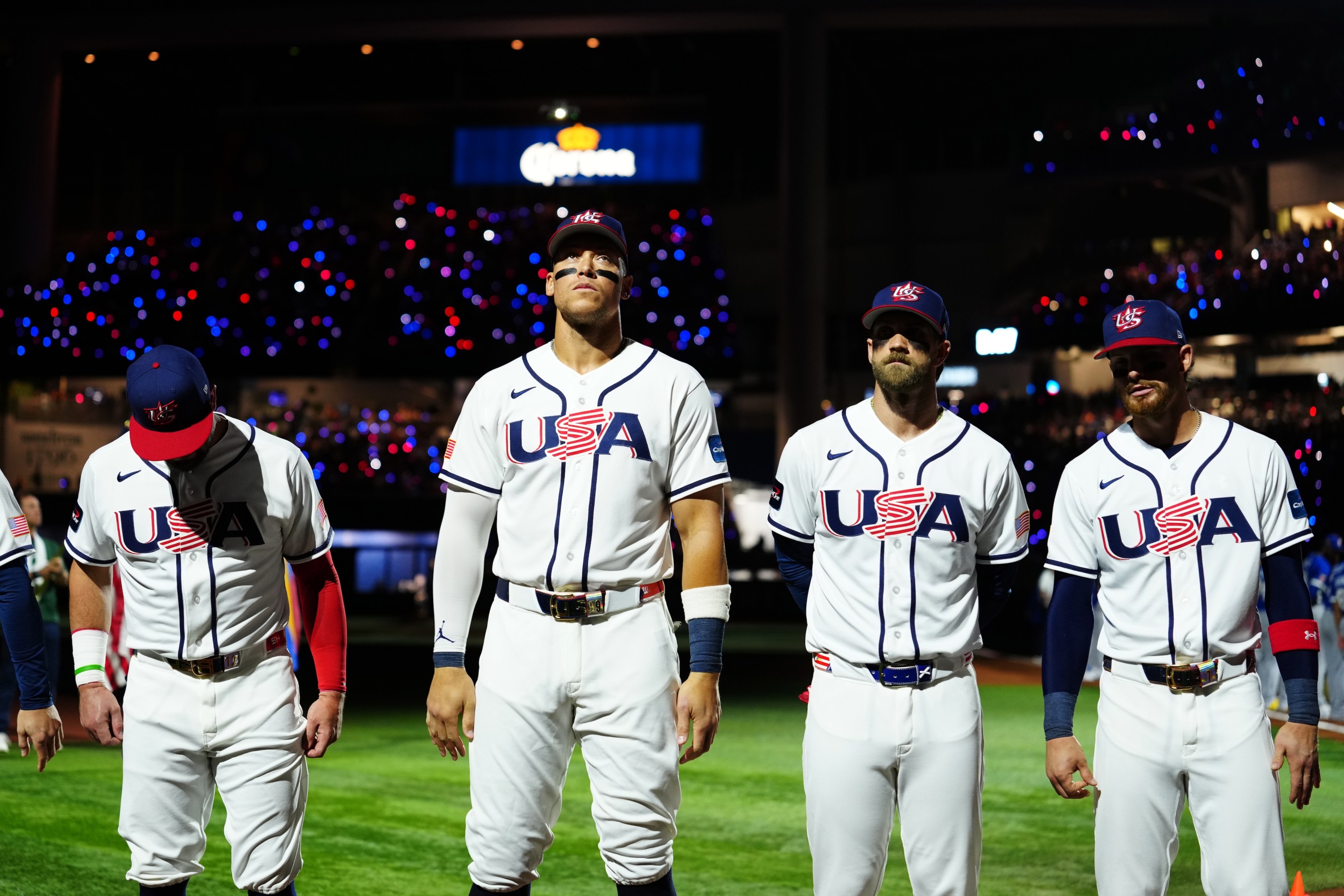 MIAMI, FL - MARCH 17: Aaron Judge #99 of Team USA looks on during the pre-game ceremony prior to the 2026 World Baseball Classic Championship game presented by Capital One between Team Venezuela and Team USA at loanDepot Park on Tuesday, March 17, 2026 in Miami, Florida. (Photo by Daniel Shirey/WBCI/MLB Photos via Getty Images)