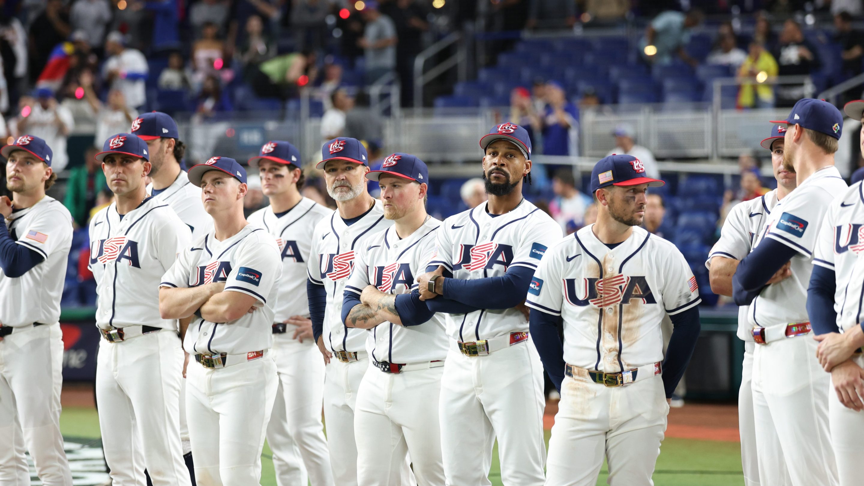 Team USA looks on after losing to Venezuela in the WBC final