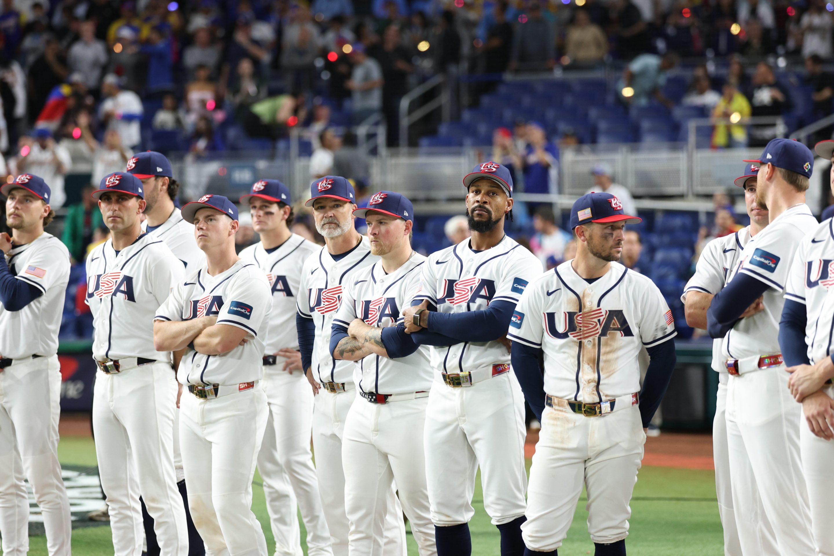 Team USA looks on after losing to Venezuela in the WBC final