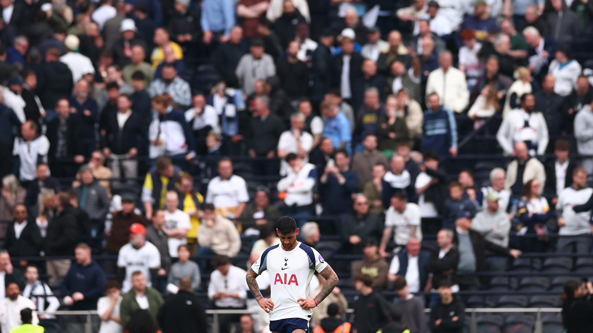 A dejected Cristian Romero of Tottenham Hotspur during the Premier League match between Tottenham Hotspur and Nottingham Forest at Tottenham Hotspur Stadium on March 22, 2026 in London, United Kingdom.