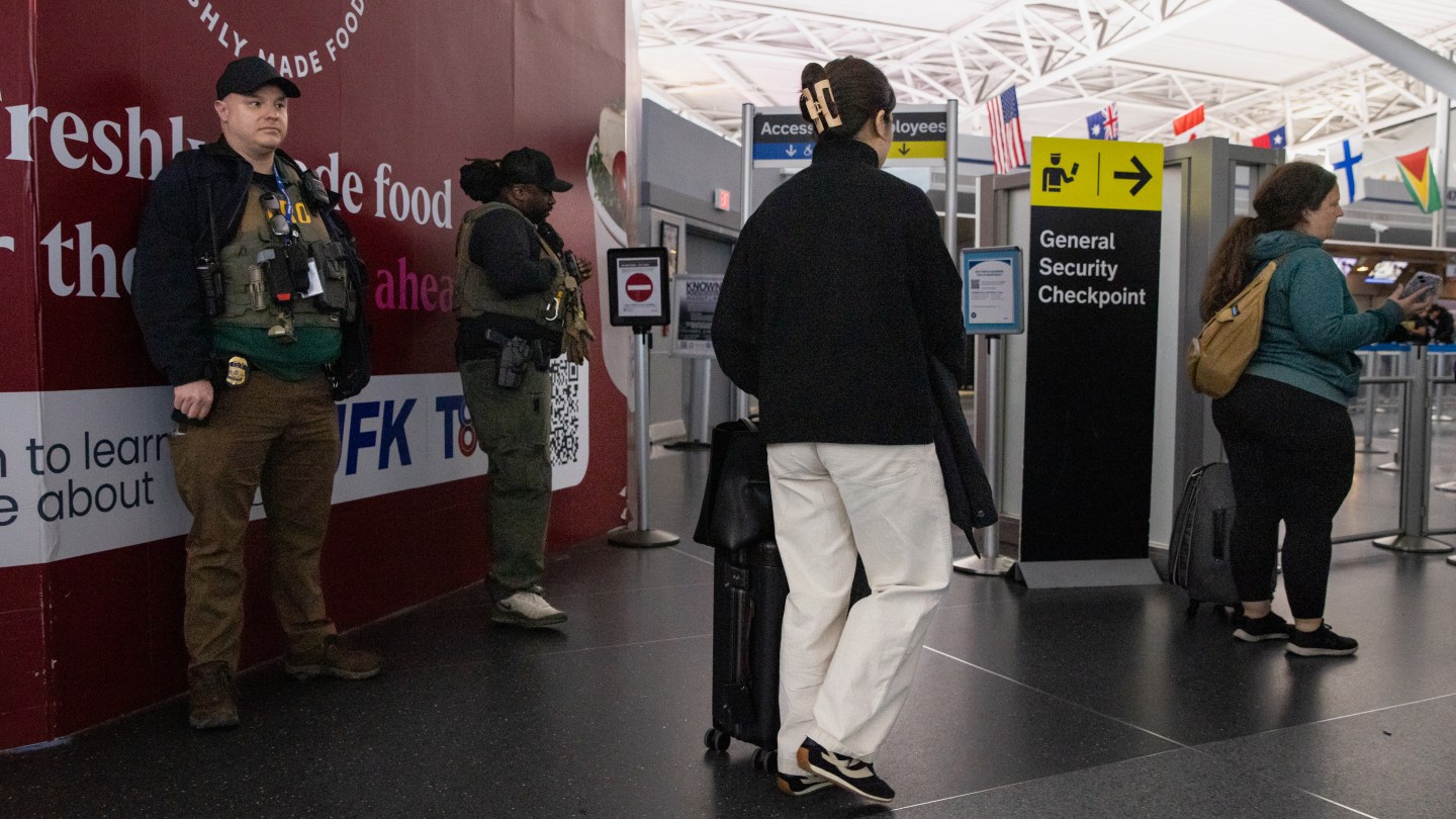 NEW YORK, UNITED STATES - MARCH 23: Federal agents are seen at the JFK airport as ICE agents have begun deploying at some U.S. airports amid the partial government shutdown in New York City, United States, on Monday, March 23, 2026. (Photo by Mostafa Bassim/Anadolu via Getty Images)