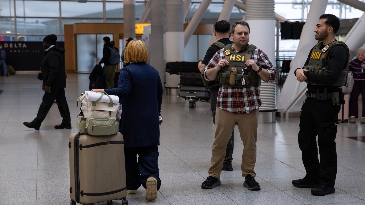NEW YORK, UNITED STATES - MARCH 23: Federal agents are seen at the JFK airport as ICE agents have begun deploying at some U.S. airports amid the partial government shutdown in New York City, United States, on Monday, March 23, 2026. (Photo by Mostafa Bassim/Anadolu via Getty Images)