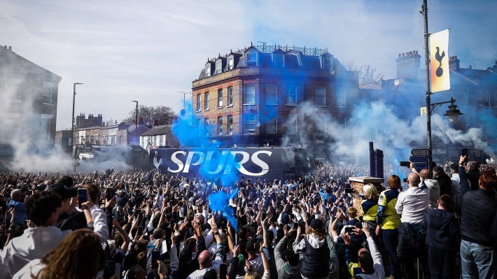 The Spurs team bus is greeted by fans as the team arrives at the stadium ahead of the Premier League match between Tottenham Hotspur and Nottingham Forest at Tottenham Hotspur Stadium on March 22, 2026 in London, England.