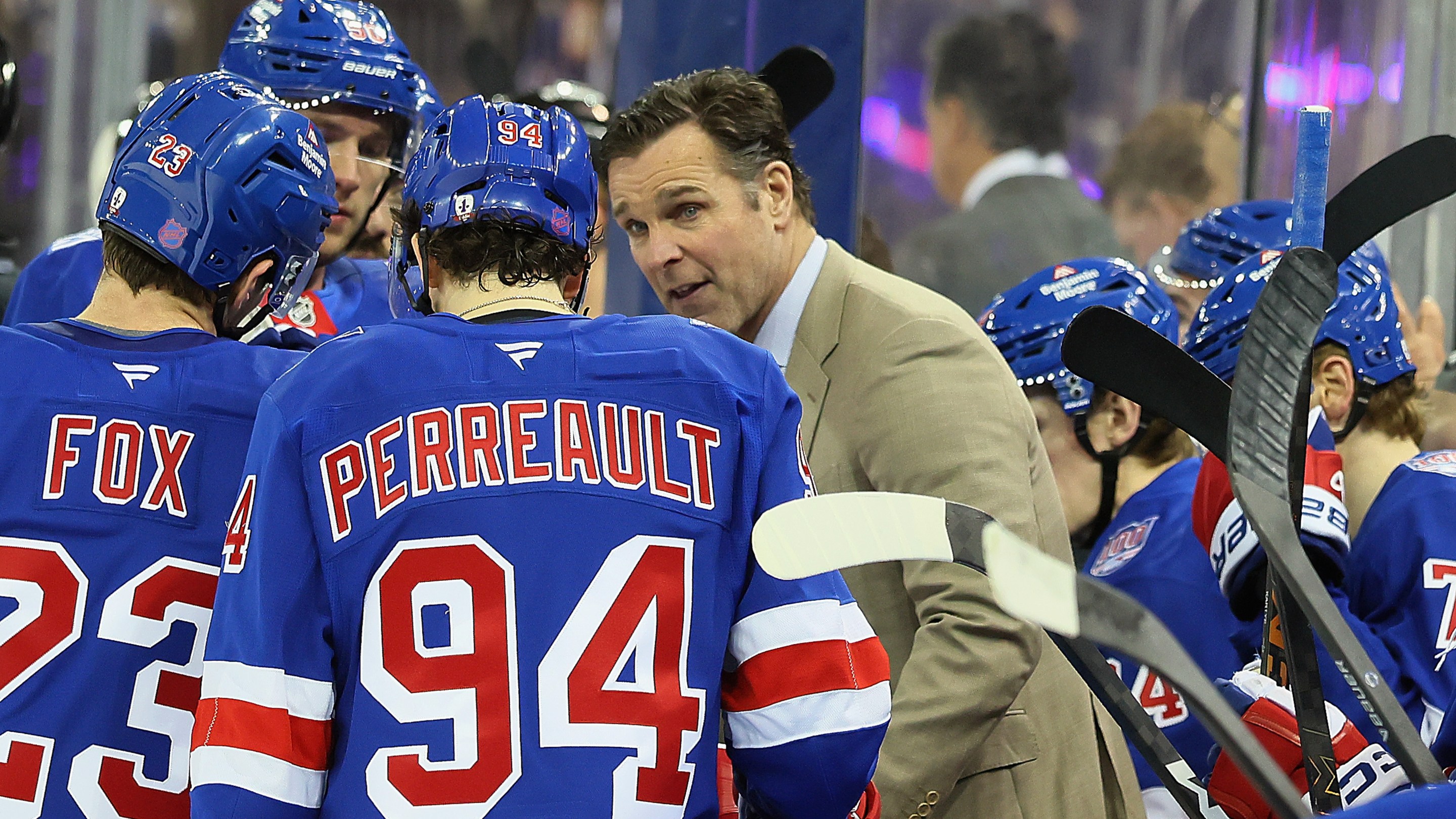 NEW YORK, NEW YORK - MARCH 23: Assistant coach David Quinn of the New York Rangers handles the bench against the Ottawa Senators at Madison Square Garden on March 23, 2026 in New York City. (Photo by Bruce Bennett/Getty Images)