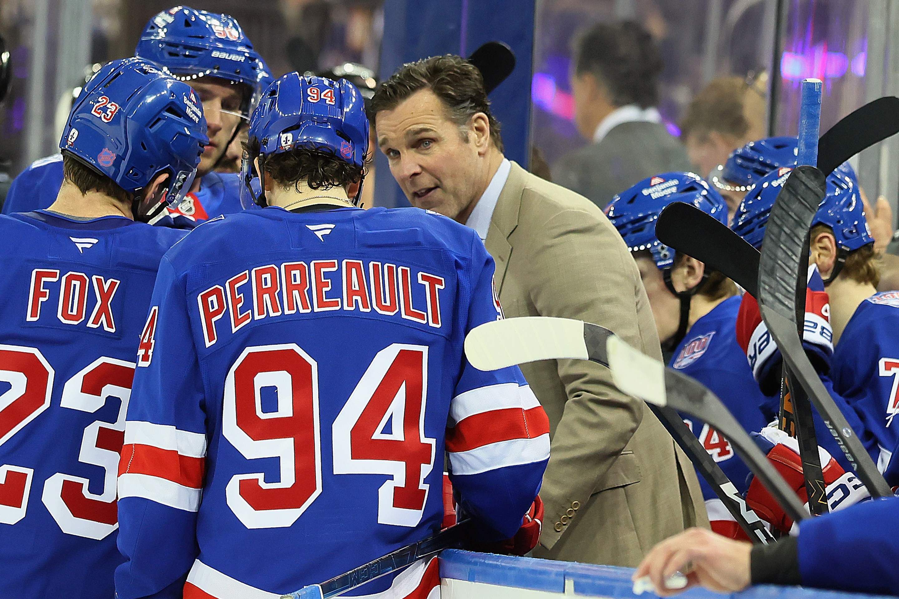 NEW YORK, NEW YORK - MARCH 23: Assistant coach David Quinn of the New York Rangers handles the bench against the Ottawa Senators at Madison Square Garden on March 23, 2026 in New York City. (Photo by Bruce Bennett/Getty Images)
