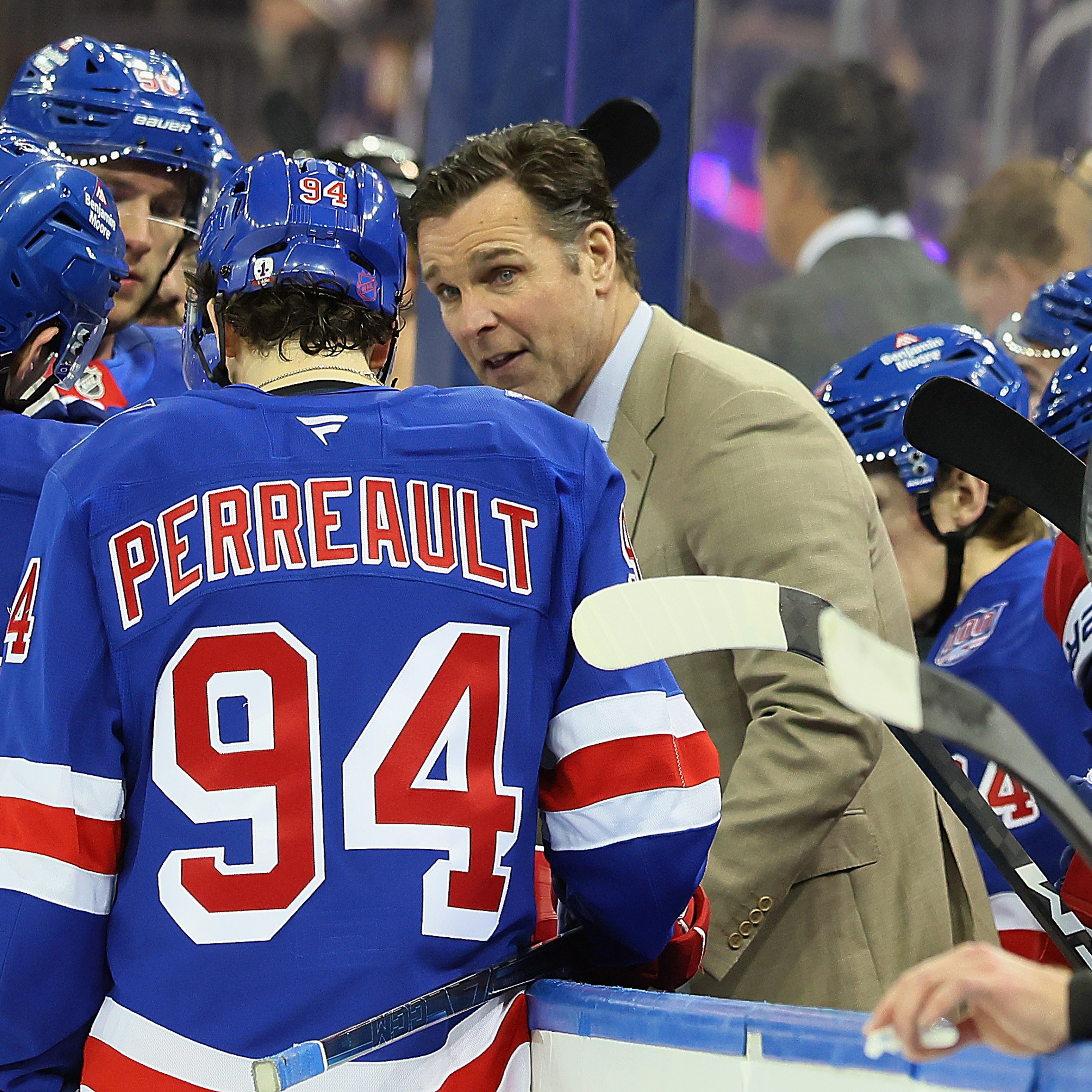 NEW YORK, NEW YORK - MARCH 23: Assistant coach David Quinn of the New York Rangers handles the bench against the Ottawa Senators at Madison Square Garden on March 23, 2026 in New York City. (Photo by Bruce Bennett/Getty Images)