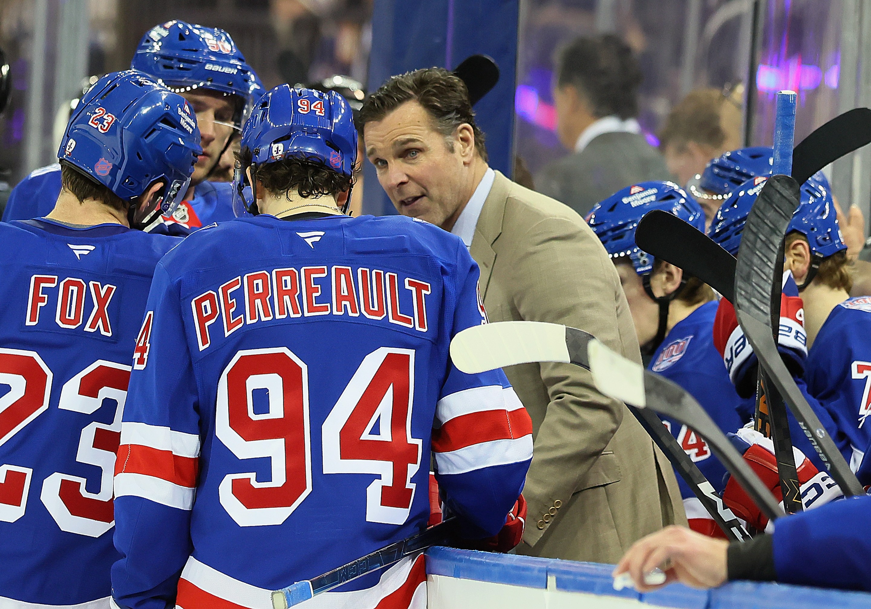 NEW YORK, NEW YORK - MARCH 23: Assistant coach David Quinn of the New York Rangers handles the bench against the Ottawa Senators at Madison Square Garden on March 23, 2026 in New York City. (Photo by Bruce Bennett/Getty Images)