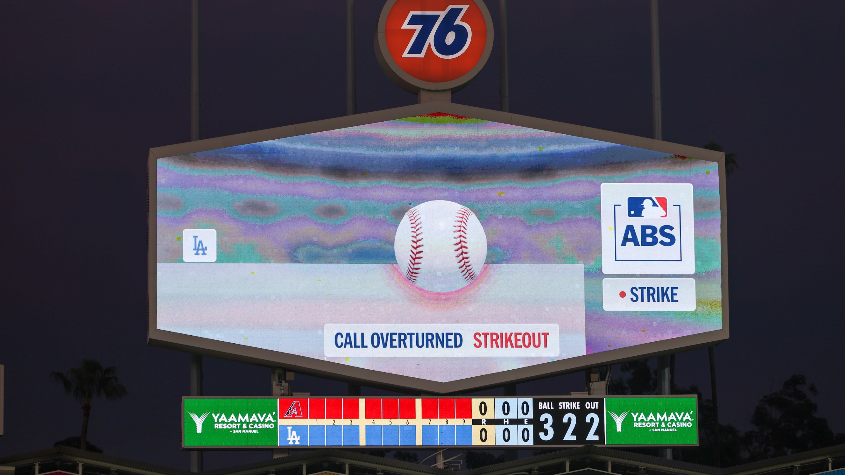 A detail shot of the scoreboard as a call is overturned in an ABS challenge review in the first inning during the game between the Arizona Diamondbacks and the Los Angeles Dodgers at UNIQLO Field at Dodger Stadium on Friday, March 27, 2026 in Los Angeles, California.