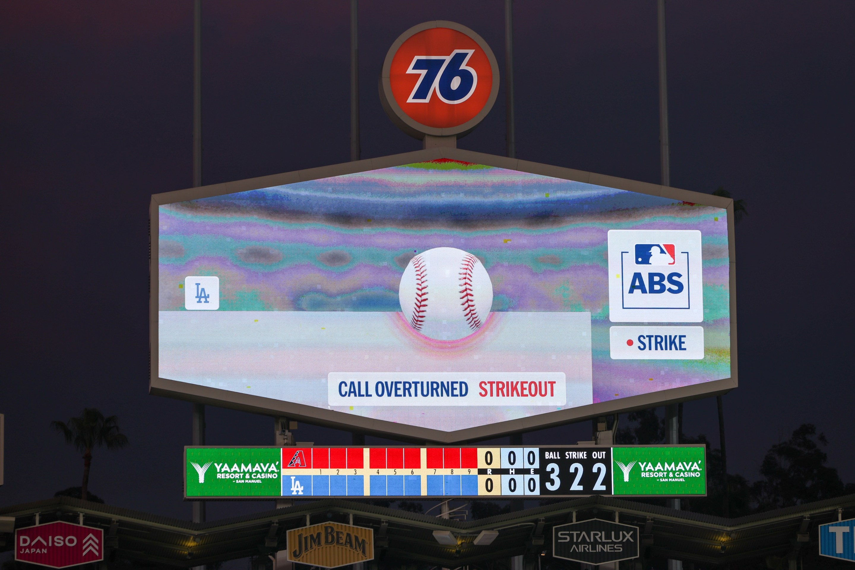 A detail shot of the scoreboard as a call is overturned in an ABS challenge review in the first inning during the game between the Arizona Diamondbacks and the Los Angeles Dodgers at UNIQLO Field at Dodger Stadium on Friday, March 27, 2026 in Los Angeles, California.