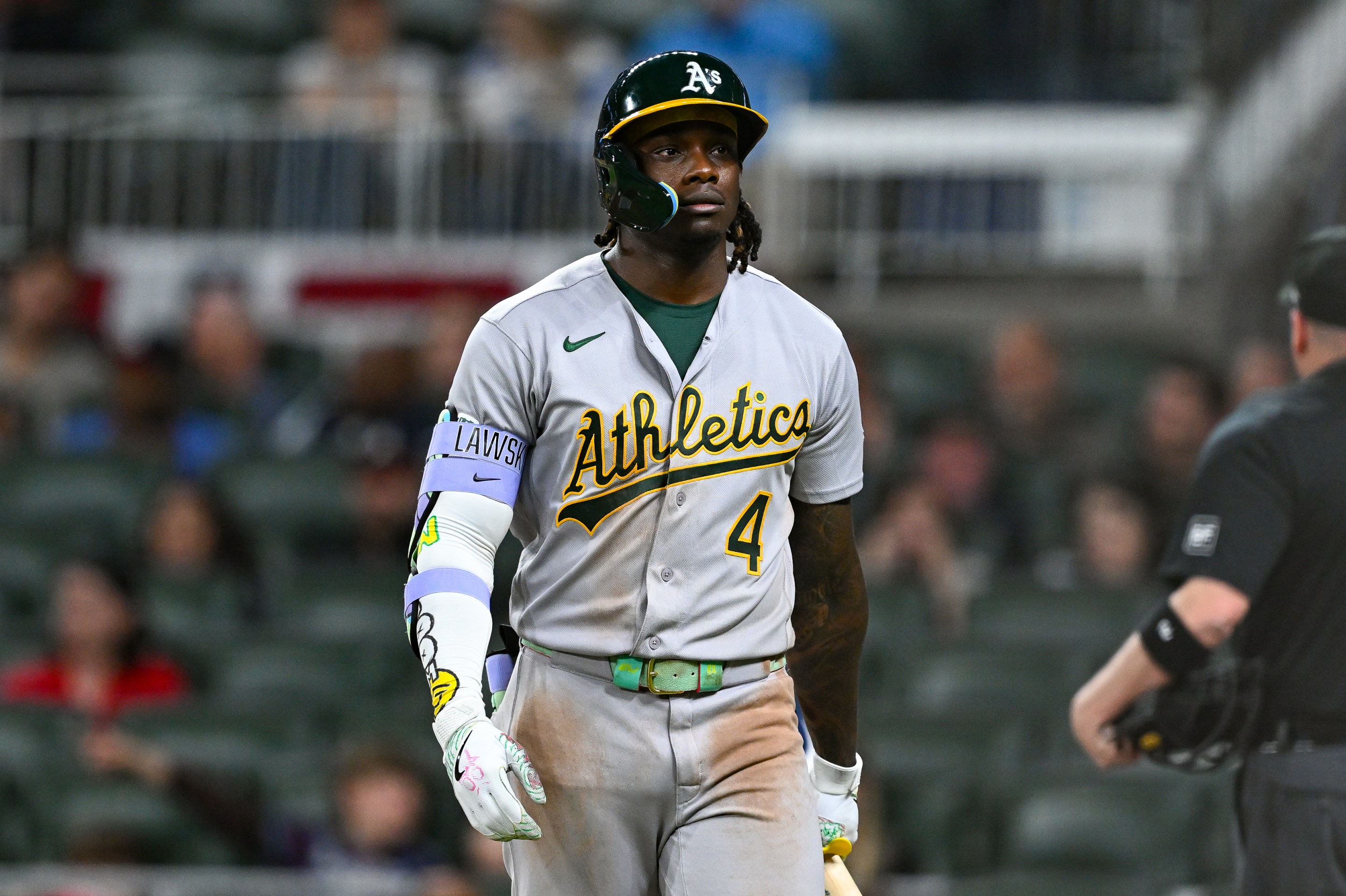 Athletics OF Lawrence Butler reacts after striking out during the MLB game between the Athletics and the Atlanta Braves on March 30th, 2026.