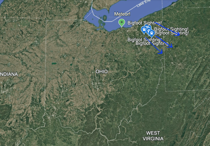 The bigfoot sightings grouped in Portage County, Ohio, just southeast of the NWS mark for the meteor explosion.