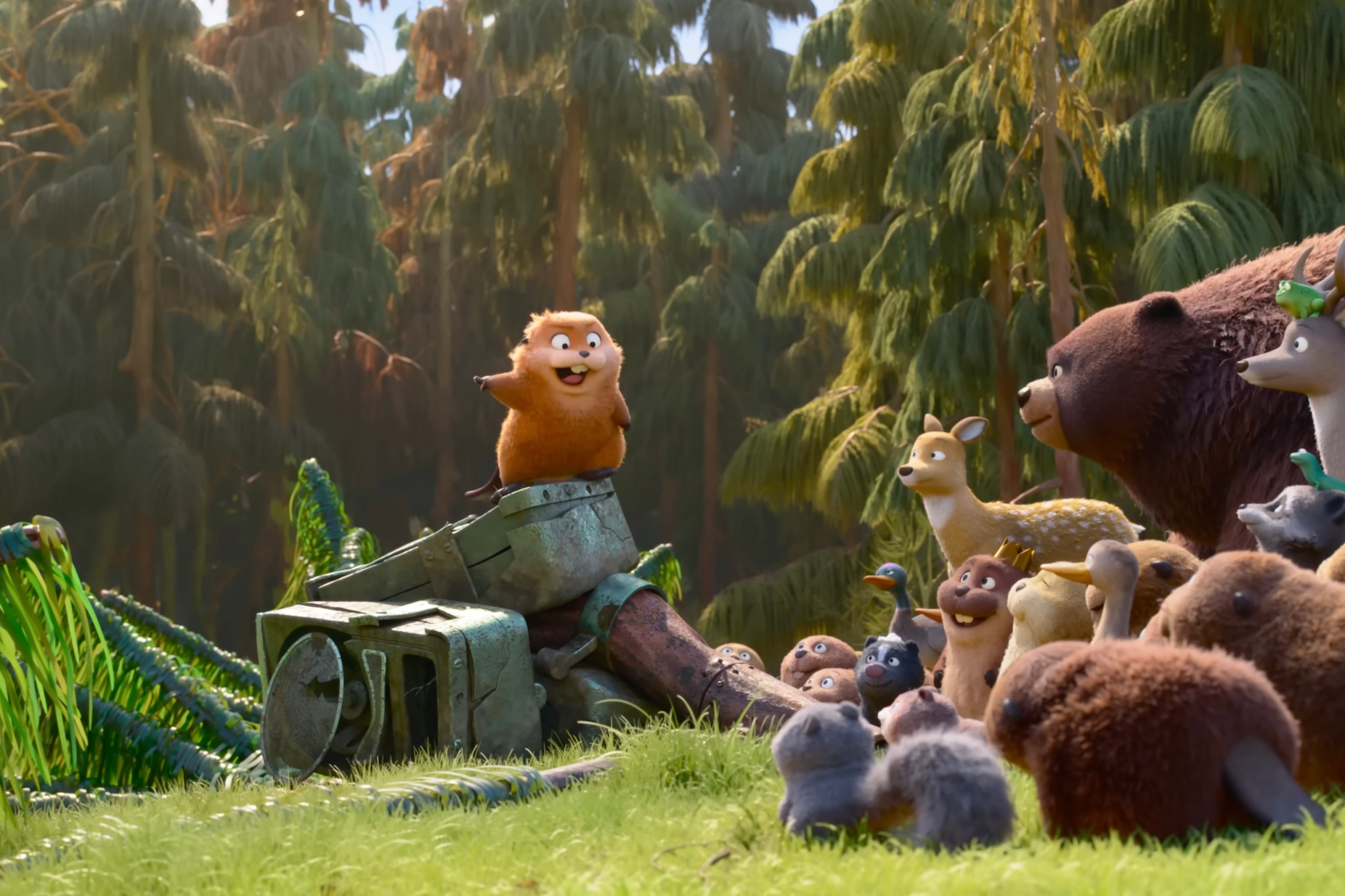 a still from the trailer for Hoppers showing a beaver standing on a pile of machine rubble and proselytizing to a crowd of animals