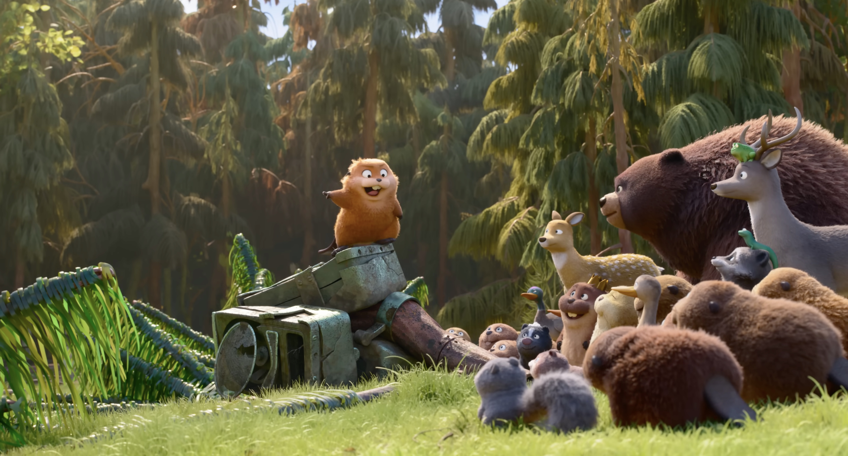 A still from the trailer for Hoppers showing a beaver standing on a pile of machine rubble and proselytizing to a crowd of animals