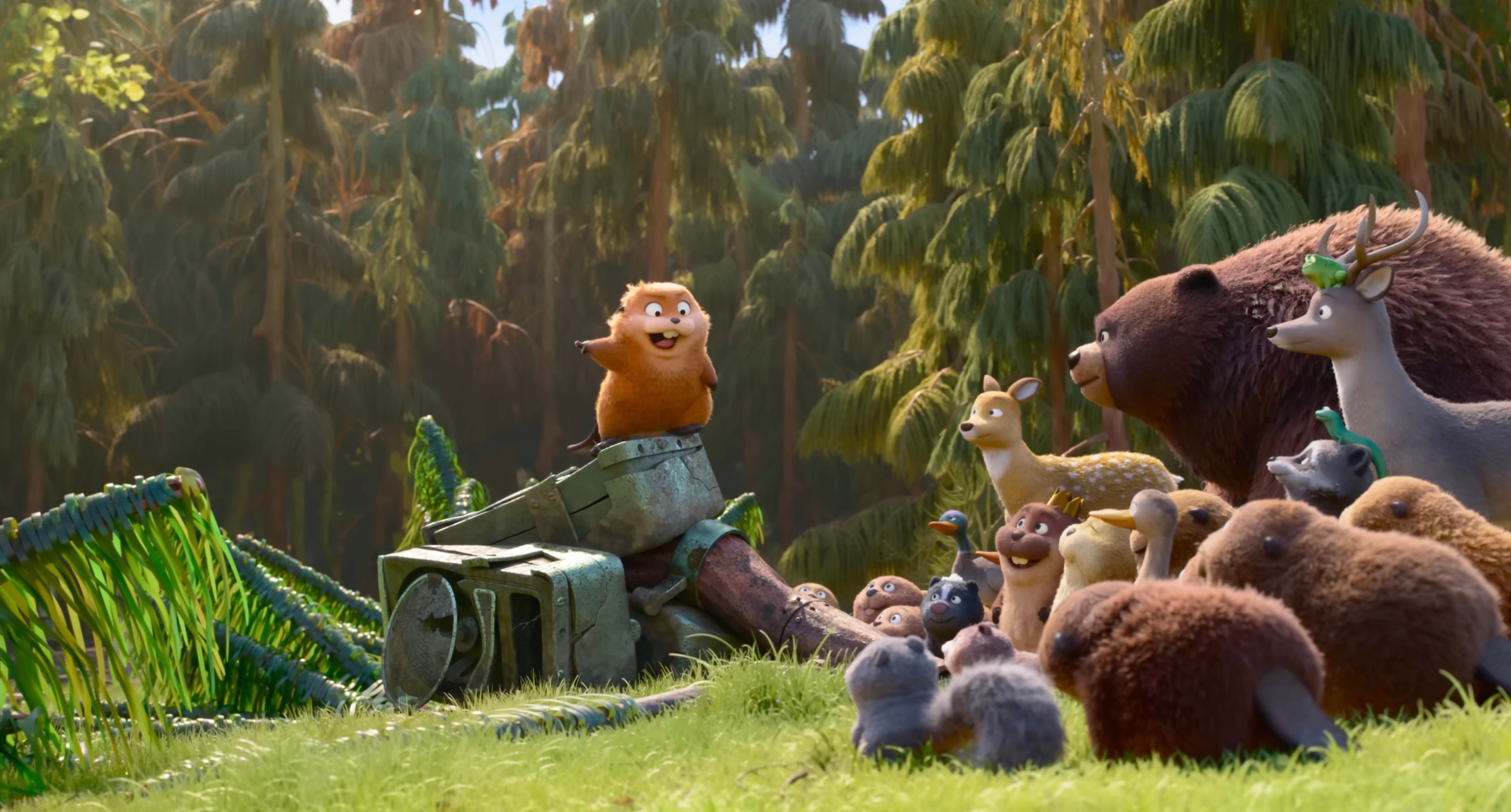 a still from the trailer for Hoppers showing a beaver standing on a pile of machine rubble and proselytizing to a crowd of animals