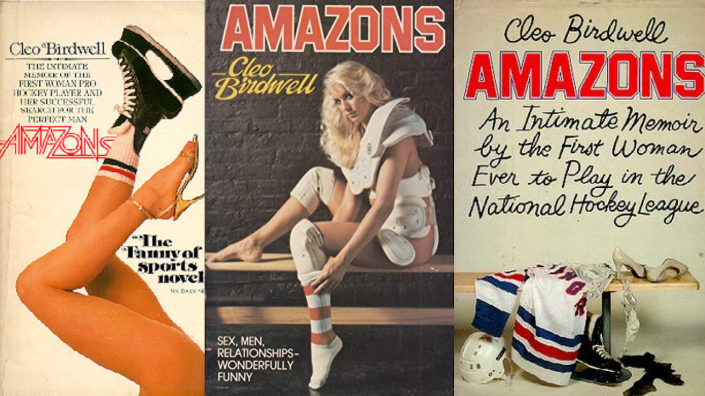 A collage featuring three of the different paperback covers for "Cleo Birdwell"'s 1980 novel Amazons.