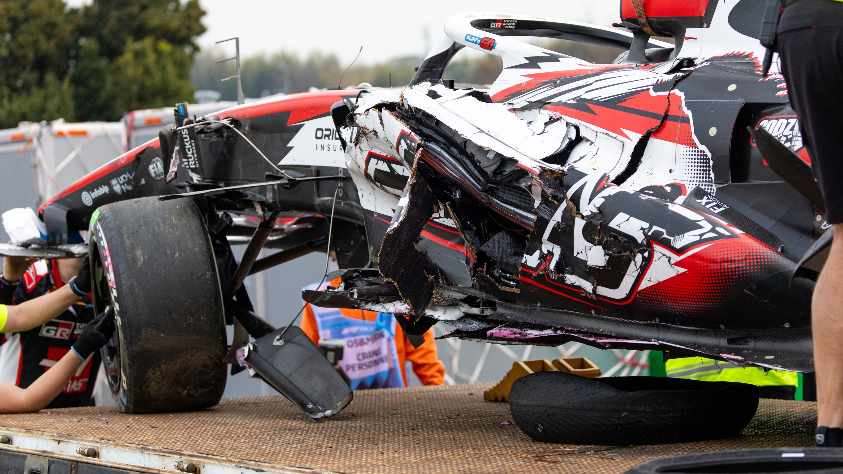 The damage to the Haas VF-26 of Oliver Bearman of Great Britain and Haas F1 Team following his crash during the F1 Grand Prix of Japan.
