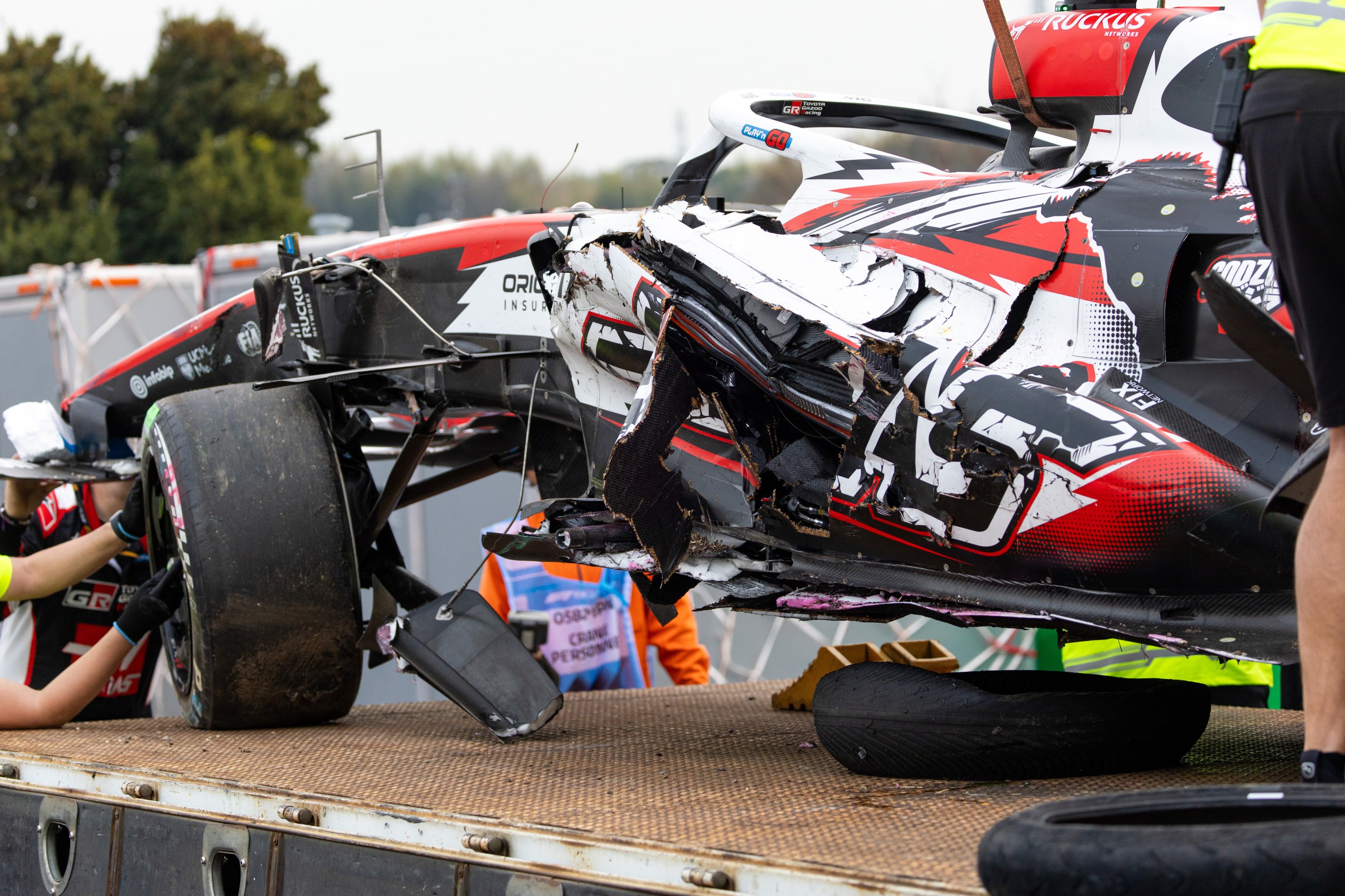 The damage to the Haas VF-26 of Oliver Bearman of Great Britain and Haas F1 Team following his crash during the F1 Grand Prix of Japan.