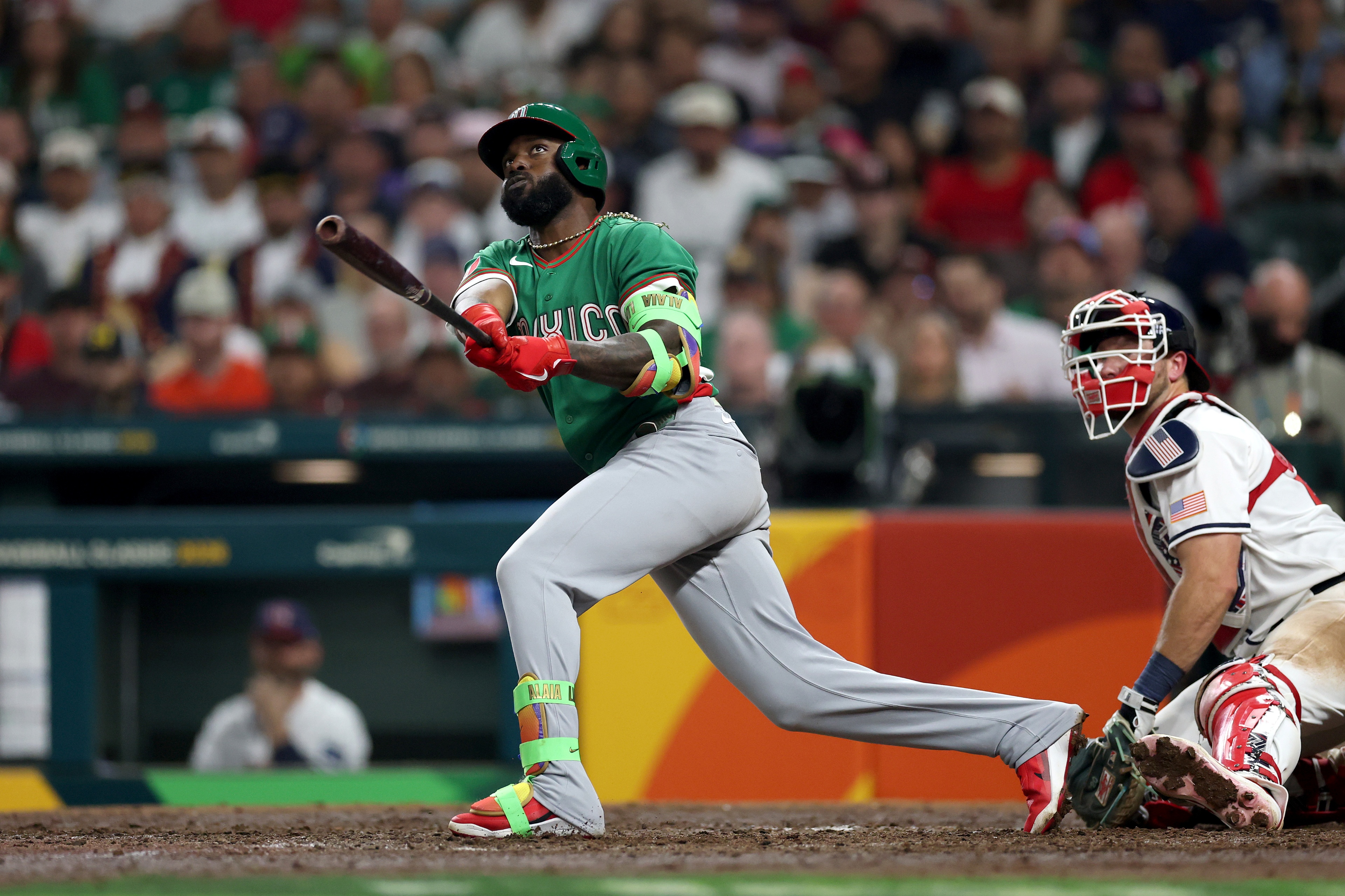 Randy Arozarena #56 of the Mexico in action during the 2026 World Baseball Classic game between Mexico and the United States.