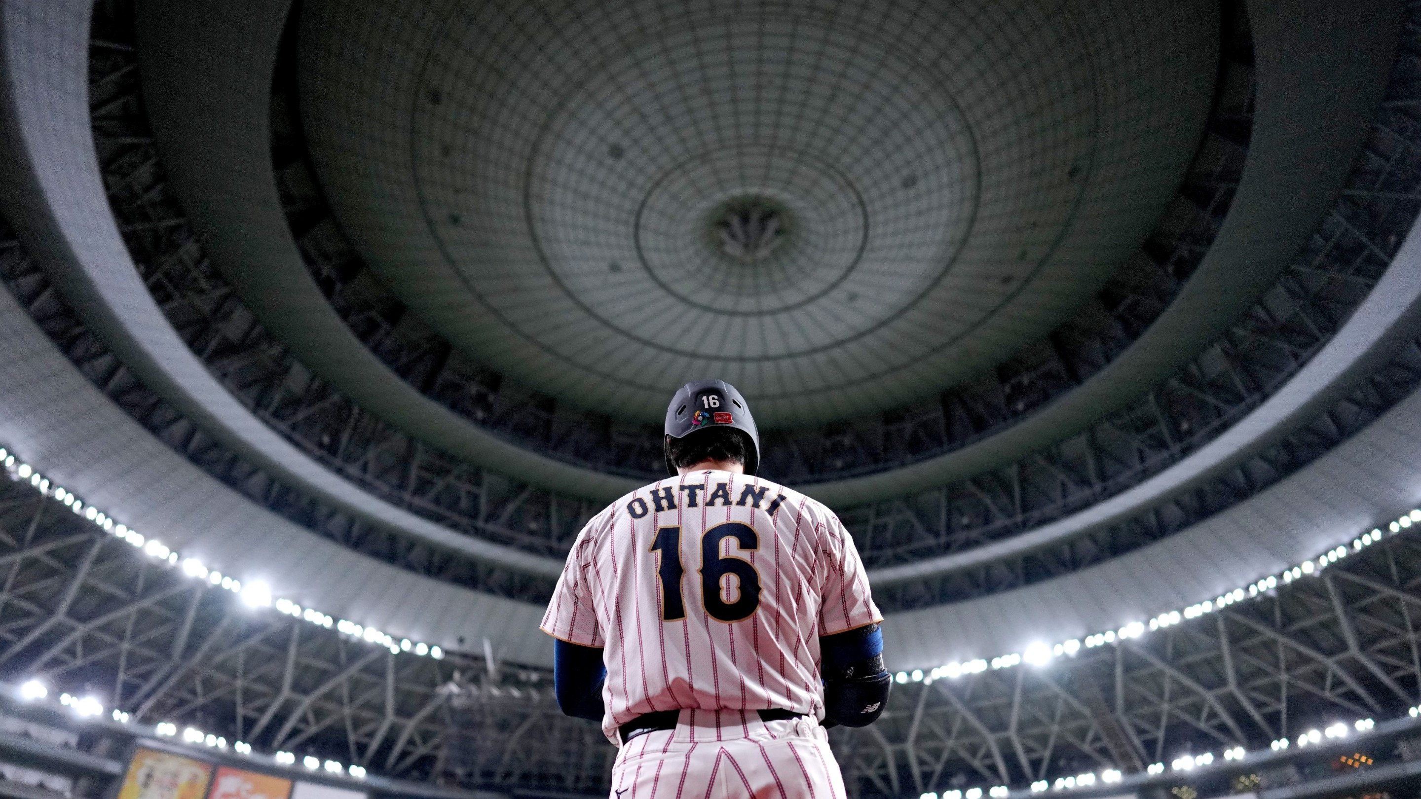 Shohei Ohtani #16 of team Japan warms up during the 2026 World Baseball Classic exhibition game.