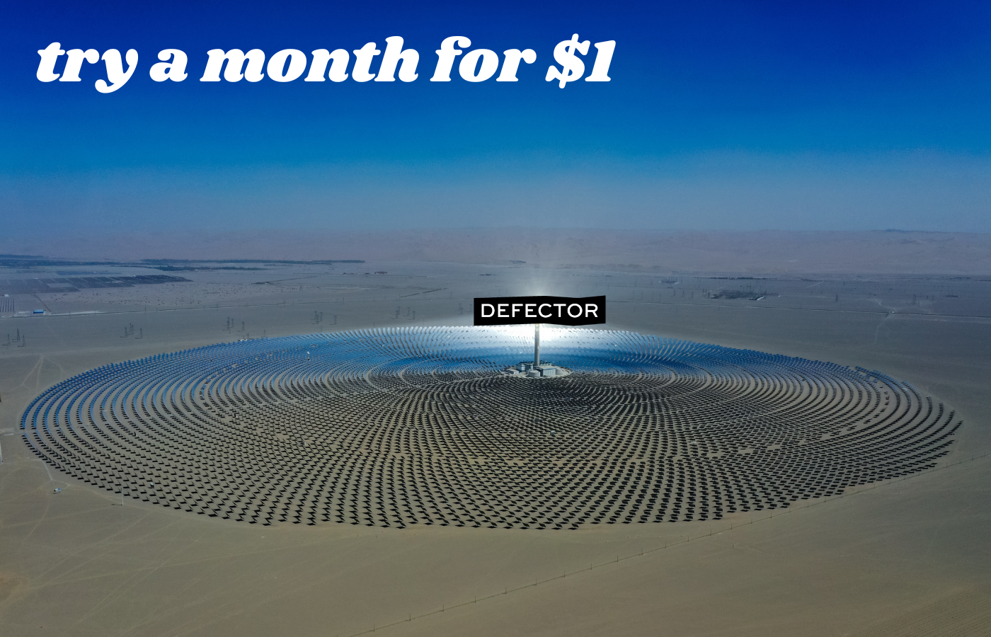A solar farm with the Defector logo on the center spire