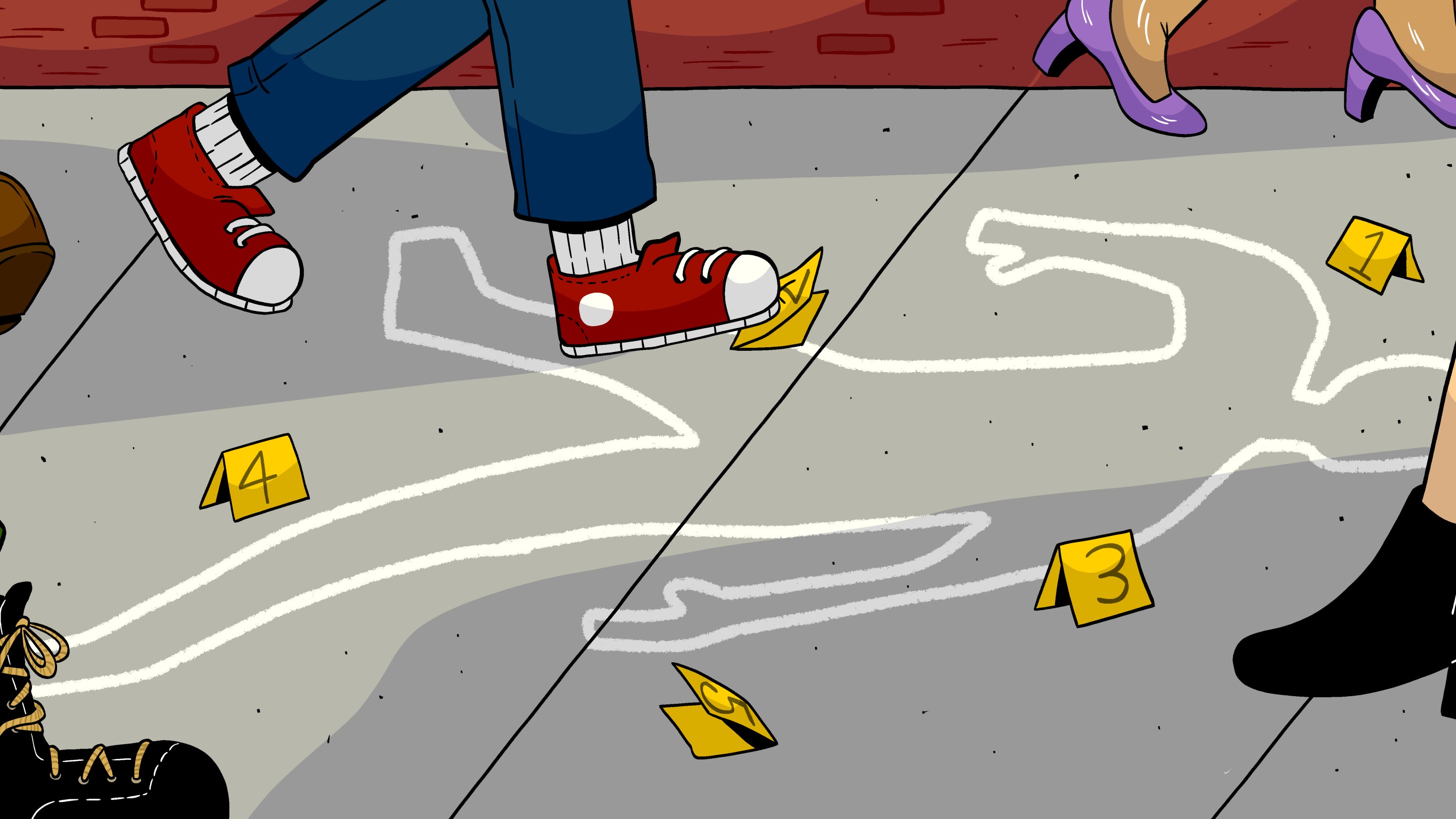 An illustration of feet walking over a chalk outline