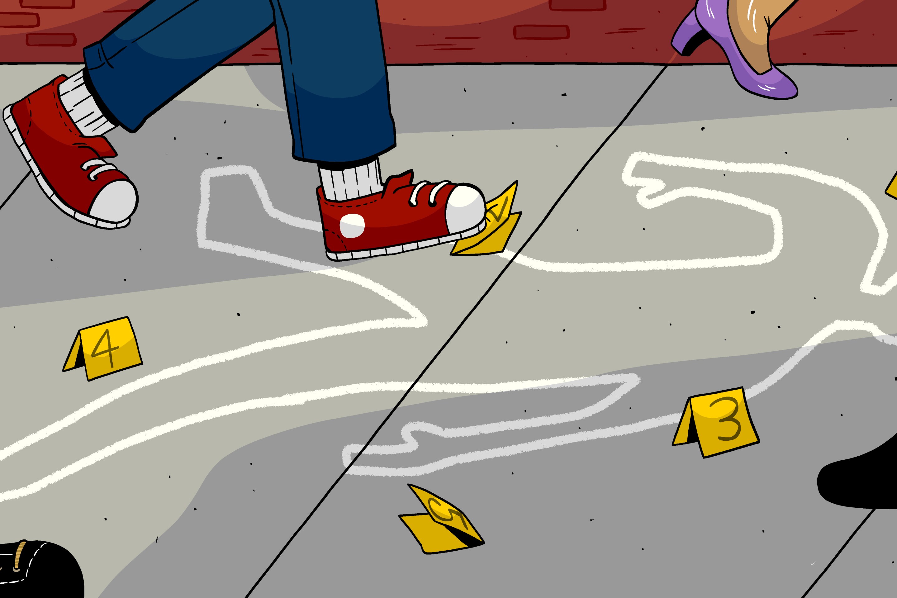 An illustration of feet walking over a chalk outline