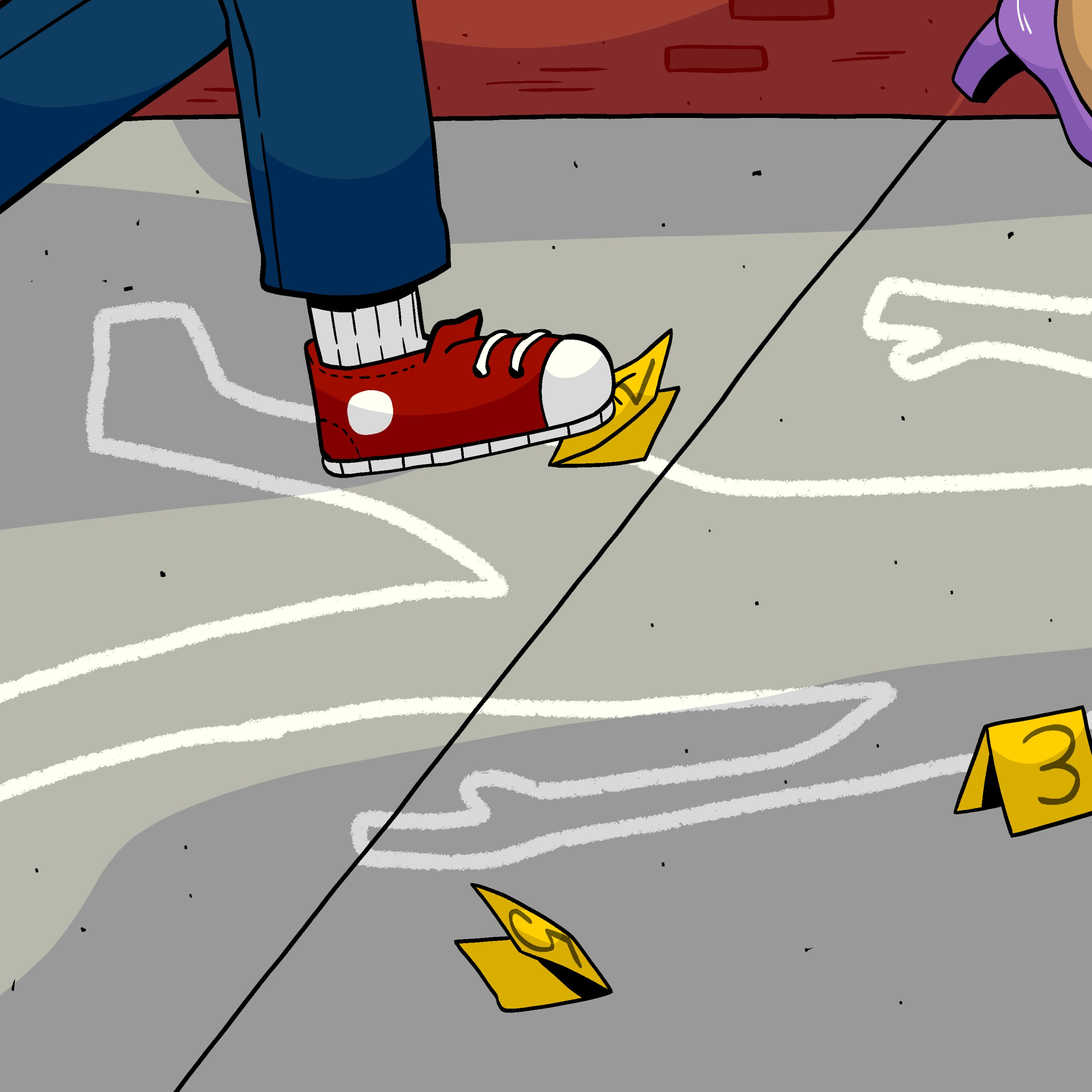 An illustration of feet walking over a chalk outline