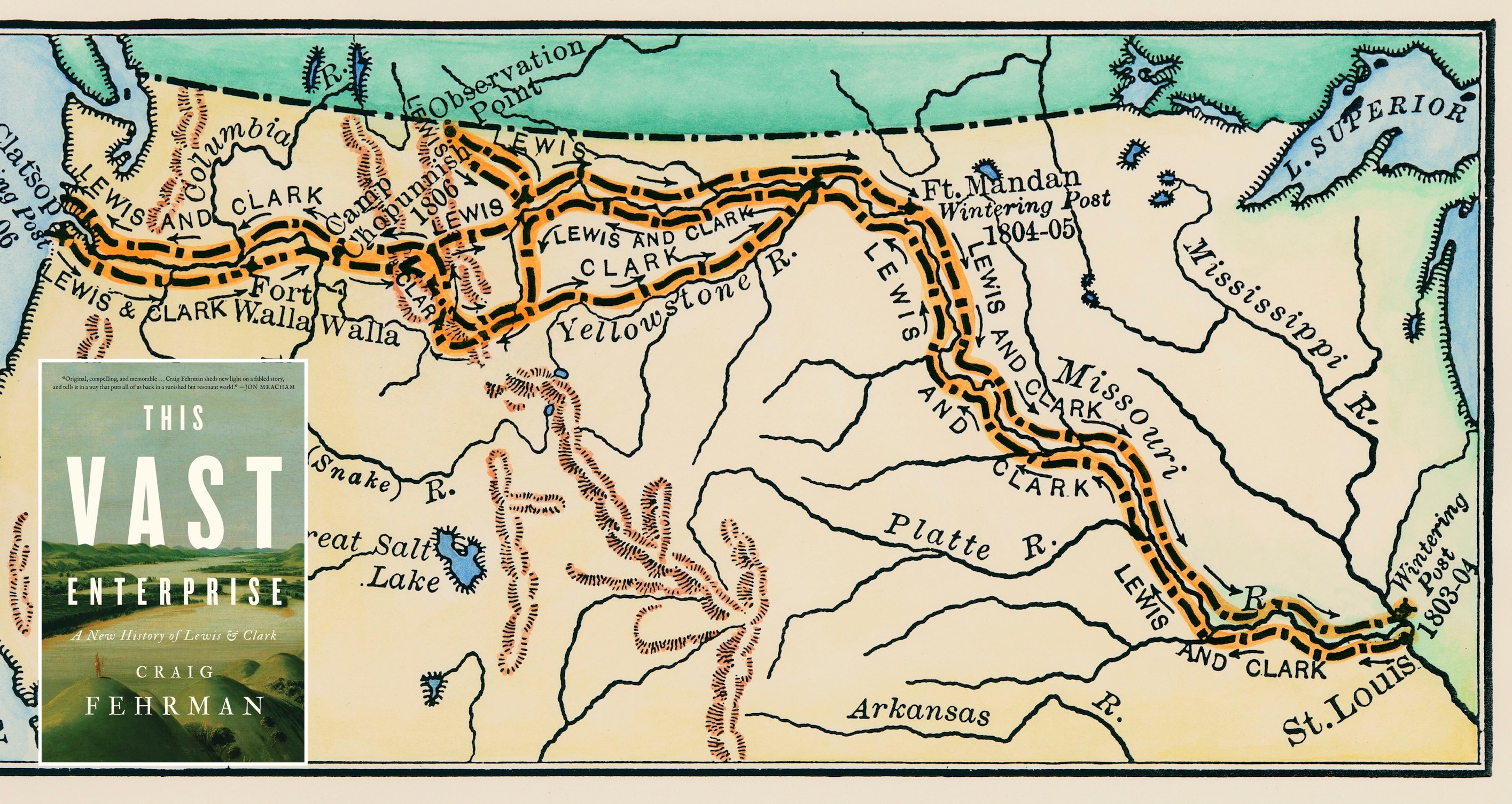 Map showing the route taken by Meriwether Lewis and William Clark on their first expedition from the Missouri River near St. Louis, Missouri, to the mouth of the Columbia River at the Pacific Ocean in Oregon and the return trip to St. Louis. The expedition took place from May 14, 1804 to September 23, 1806.