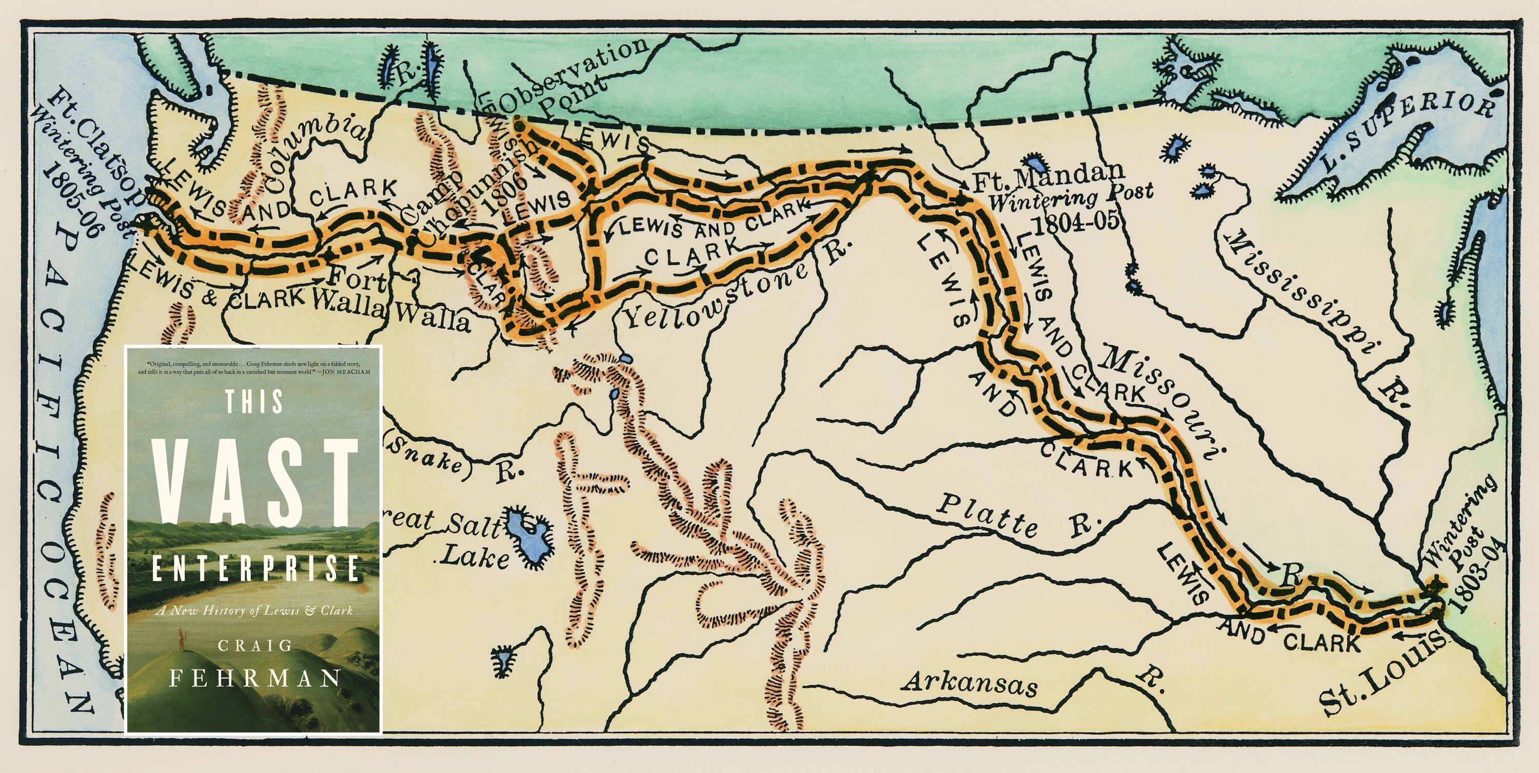 Map showing the route taken by Meriwether Lewis and William Clark on their first expedition from the Missouri River near St. Louis, Missouri, to the mouth of the Columbia River at the Pacific Ocean in Oregon and the return trip to St. Louis. The expedition took place from May 14, 1804 to September 23, 1806.