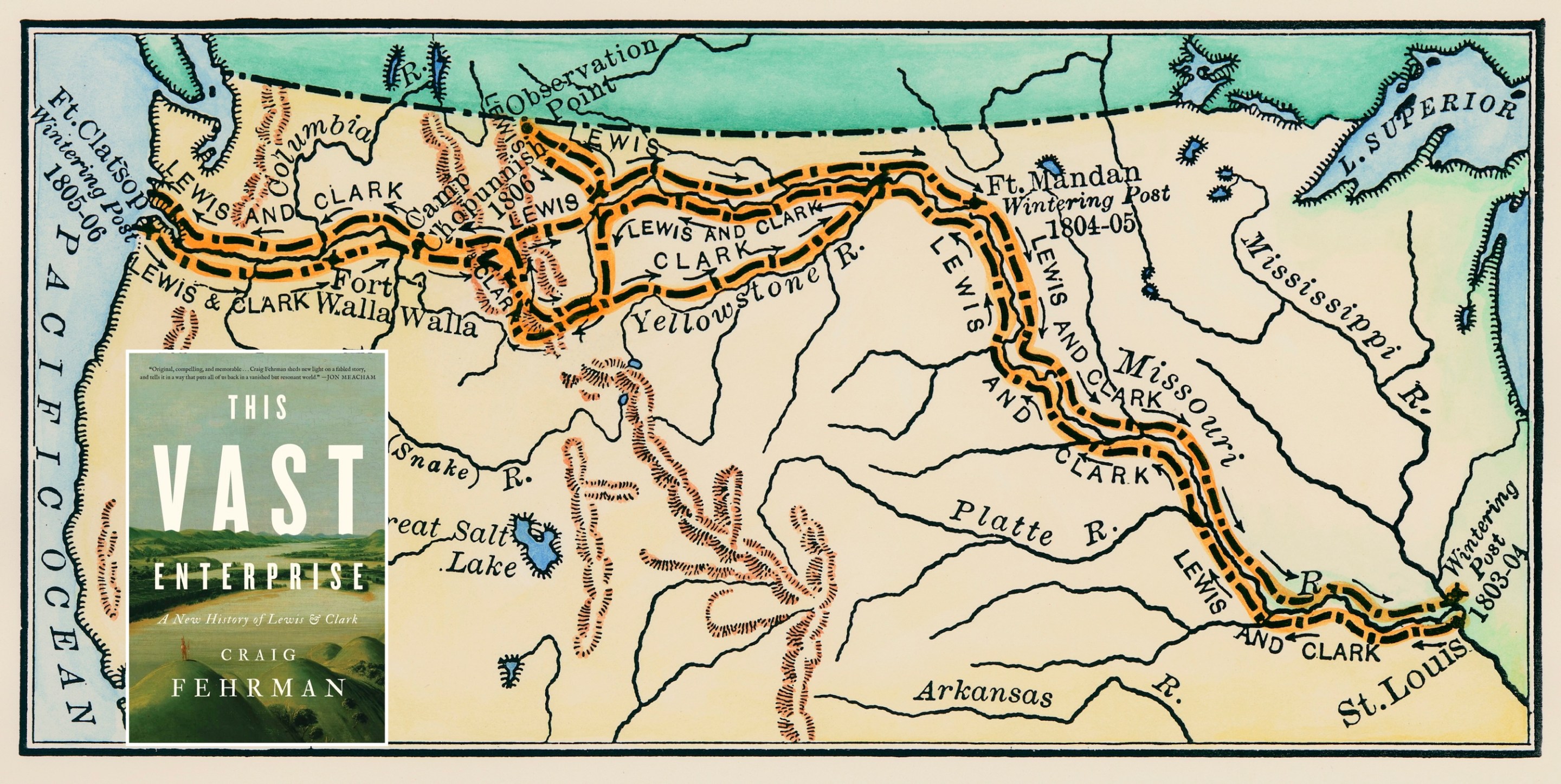 Map showing the route taken by Meriwether Lewis and William Clark on their first expedition from the Missouri River near St. Louis, Missouri, to the mouth of the Columbia River at the Pacific Ocean in Oregon and the return trip to St. Louis. The expedition took place from May 14, 1804 to September 23, 1806.
