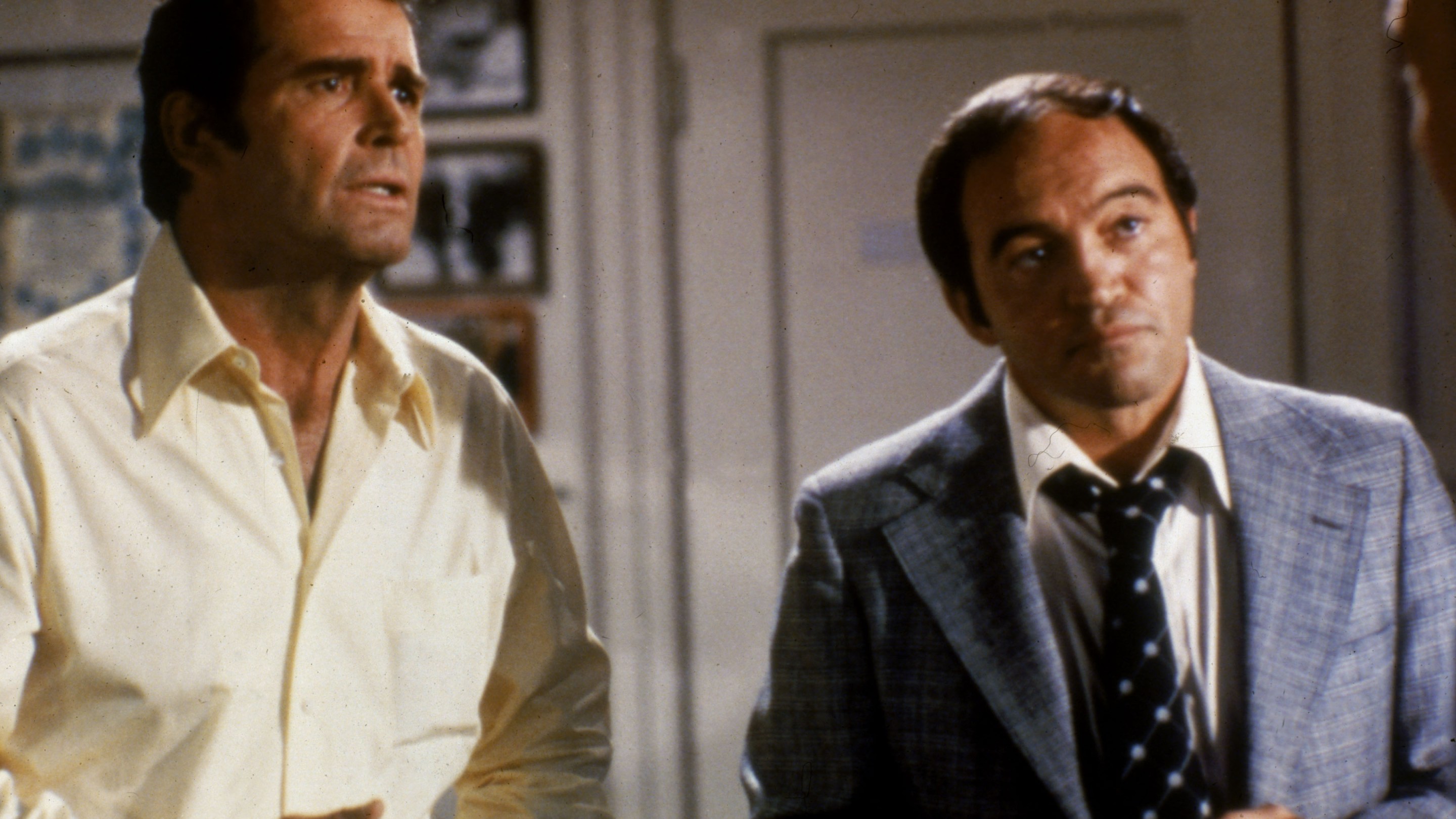 James Garner (left) and Joe Santos in a still from an episode of the television series, 'The Rockford Files,' circa 1974.