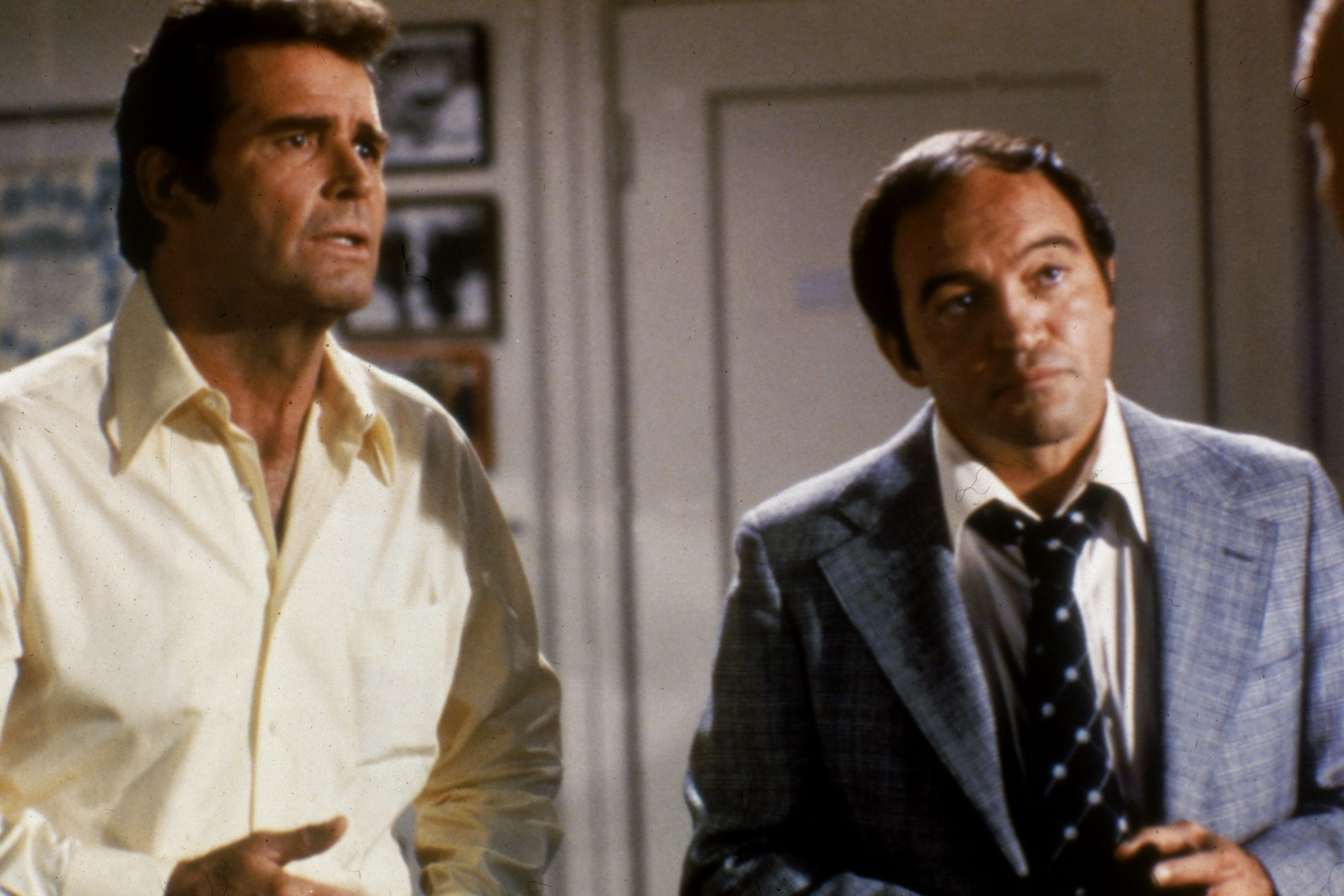 James Garner (left) and Joe Santos in a still from an episode of the television series, 'The Rockford Files,' circa 1974.