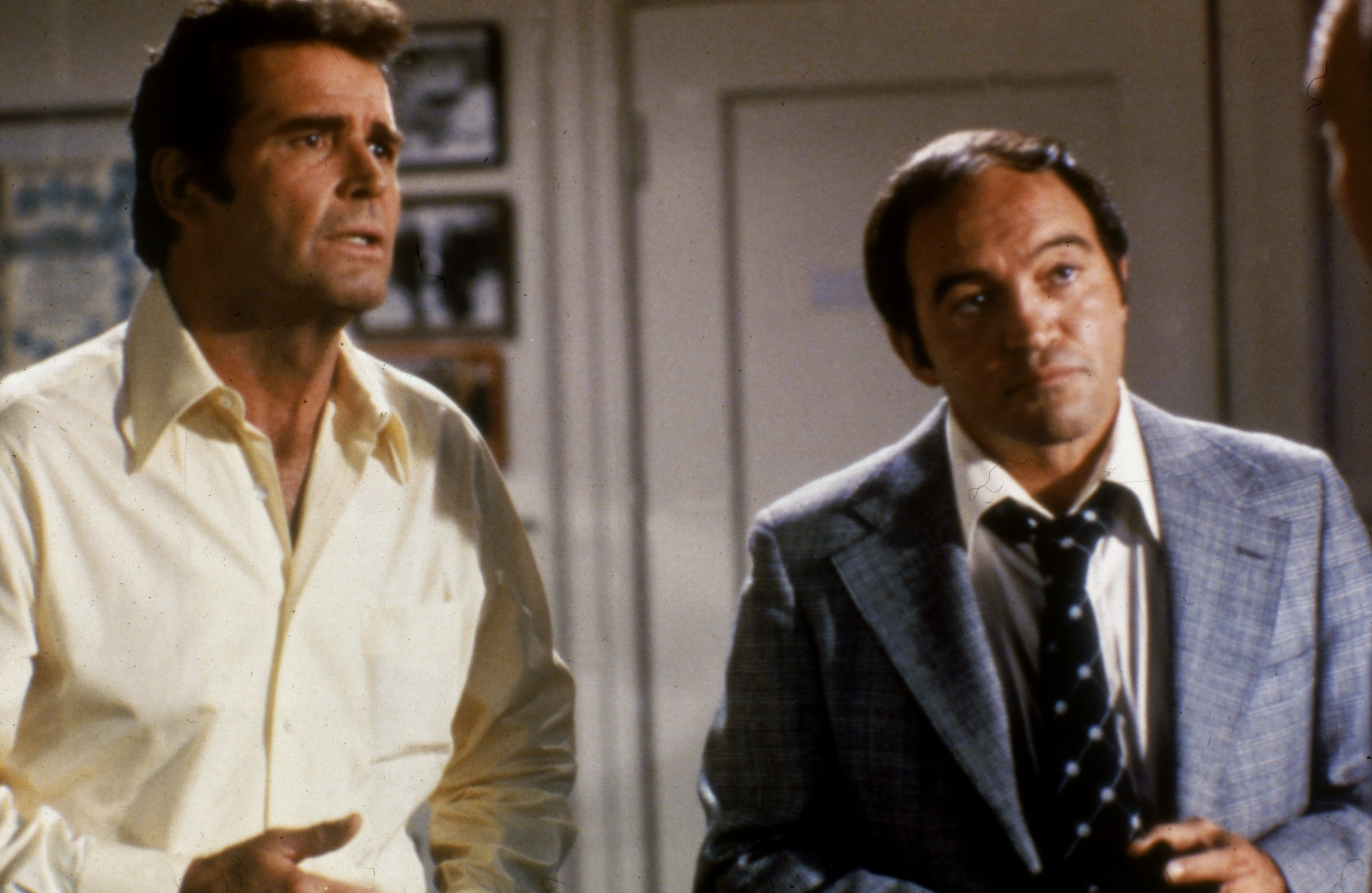 James Garner (left) and Joe Santos in a still from an episode of the television series, 'The Rockford Files,' circa 1974.