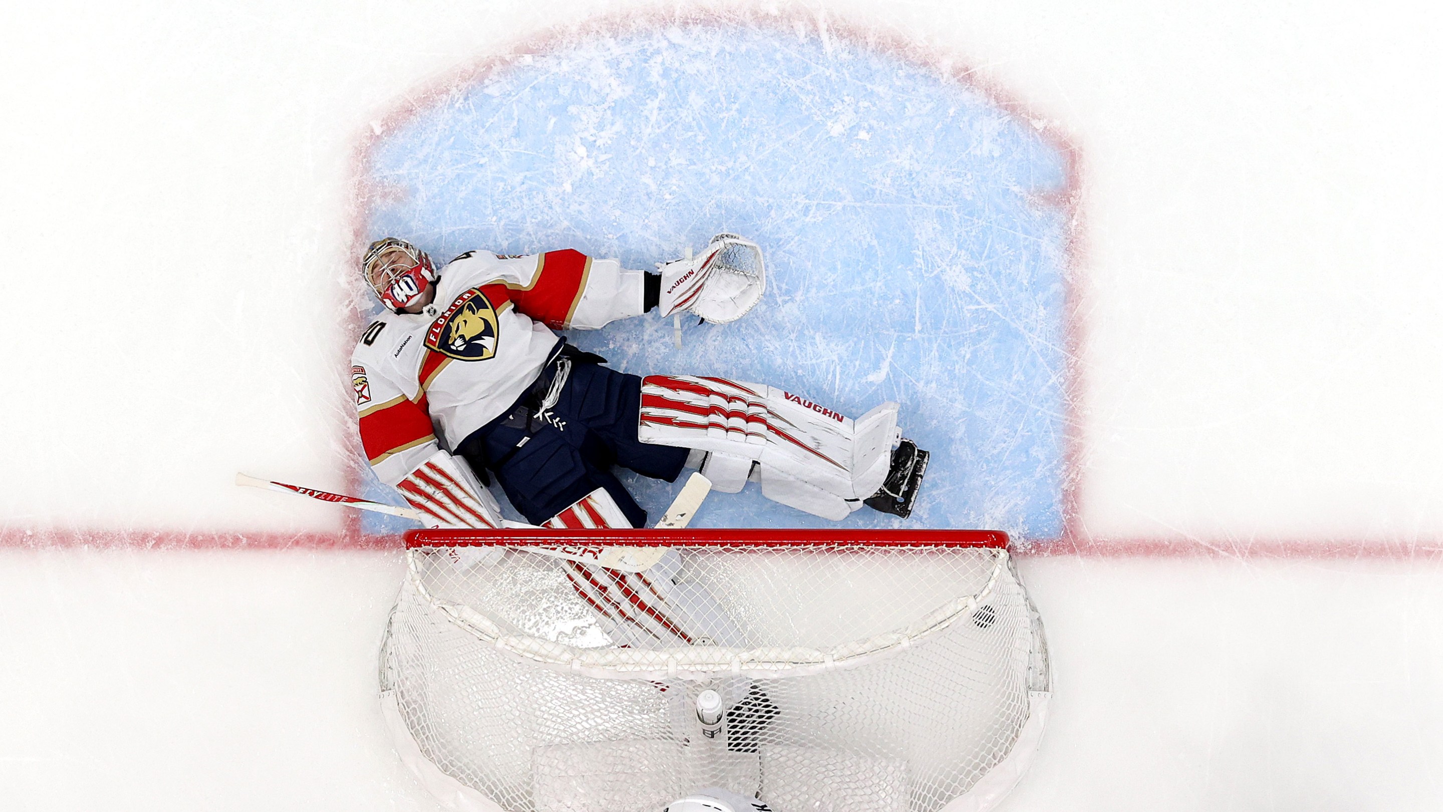 Daniil Tarasov #40 of the Florida Panthers reacts after giving up a goal to Berkly Catton #27 (not pictured) of the Seattle Kraken