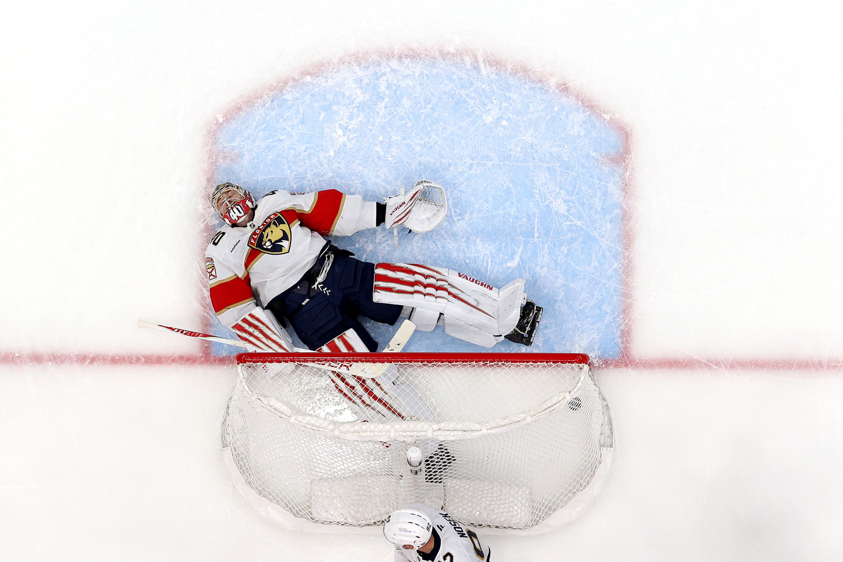 Daniil Tarasov #40 of the Florida Panthers reacts after giving up a goal to Berkly Catton #27 (not pictured) of the Seattle Kraken